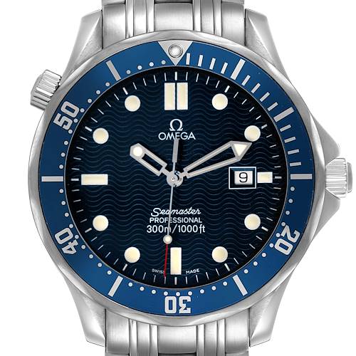 This image shows a front view of the Omega Seamaster 2541.80.00 Men's Stainless Steel Blue Dial watch, displaying the dial, bezel, hands, crown, and bracelet.