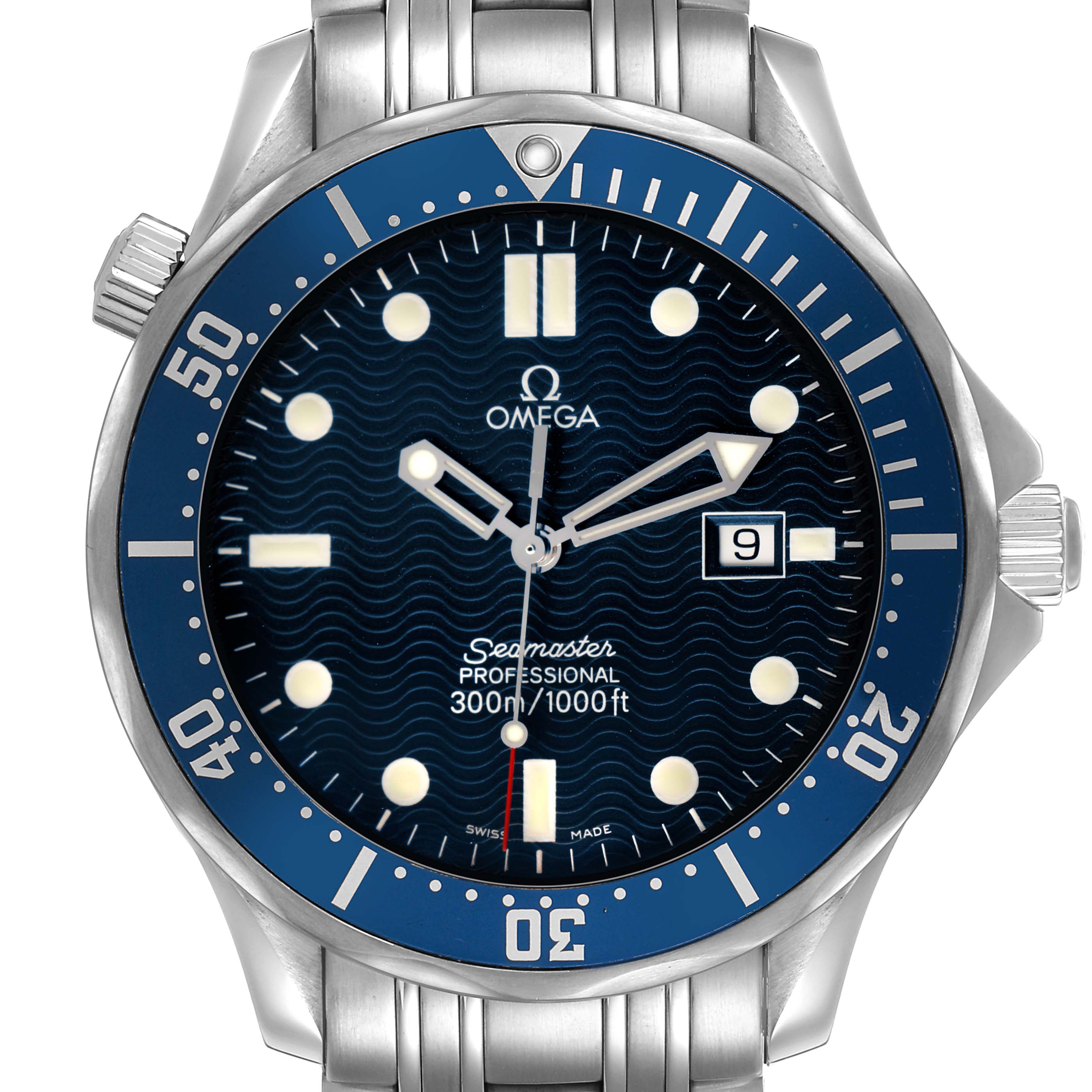 The Omega Seamaster 2541.80.00 Men's Stainless Steel Blue Dial watch is shown from a top-down angle, highlighting the dial, bezel, and bracelet.