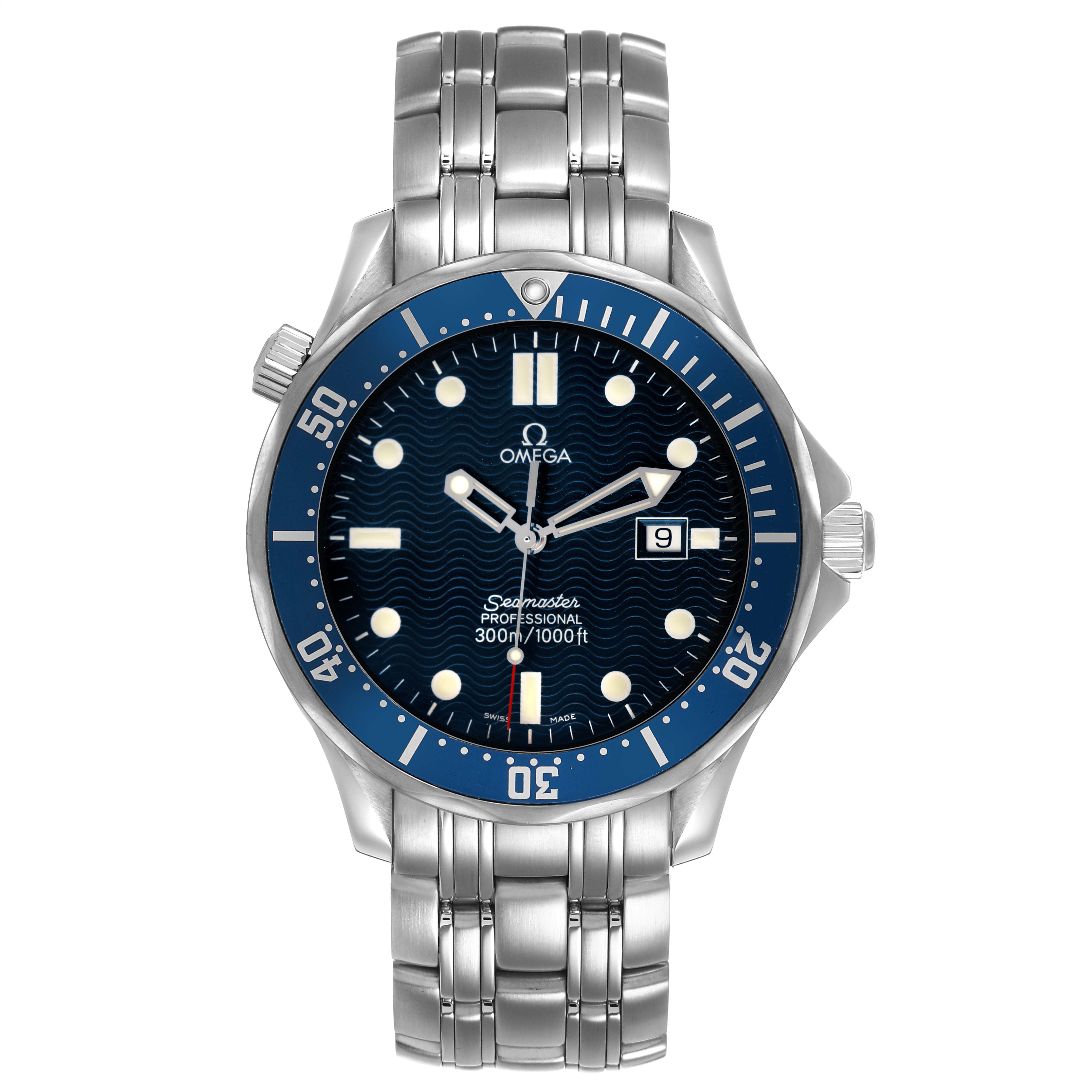 The Omega Seamaster 2541.80.00 Men's Stainless Steel Blue Dial watch is shown from the front, displaying the dial, bezel, and stainless steel bracelet.