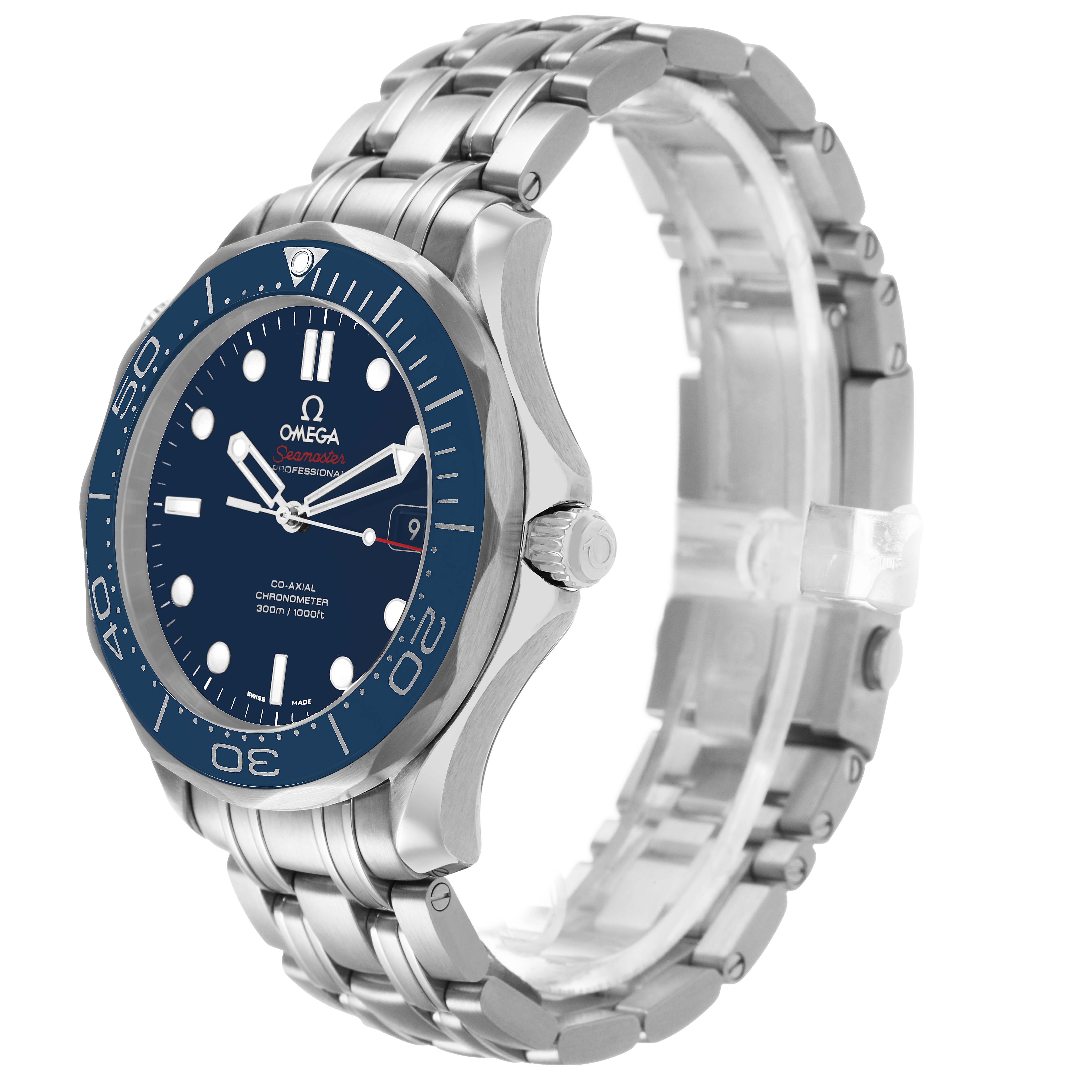 The Omega Seamaster 212.30.41.20.03.001 Men's Stainless Steel Blue Dial watch is shown at a three-quarter angle, highlighting the blue dial, bezel, crown, and bracelet.