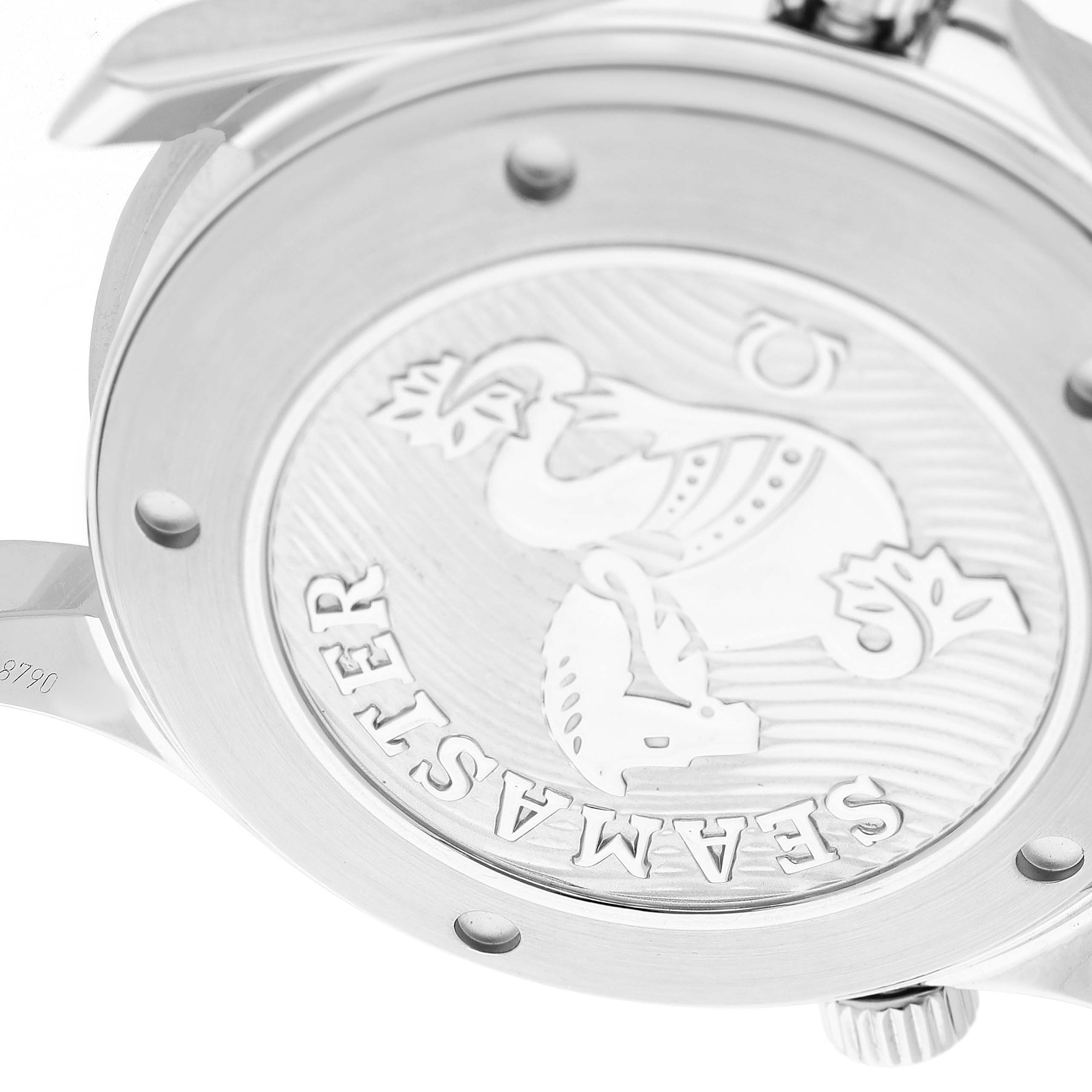 The image shows a close-up of the case back of the Omega Seamaster 212.30.41.20.03.001 Men's Stainless Steel Blue Dial watch, highlighting its embossed design.