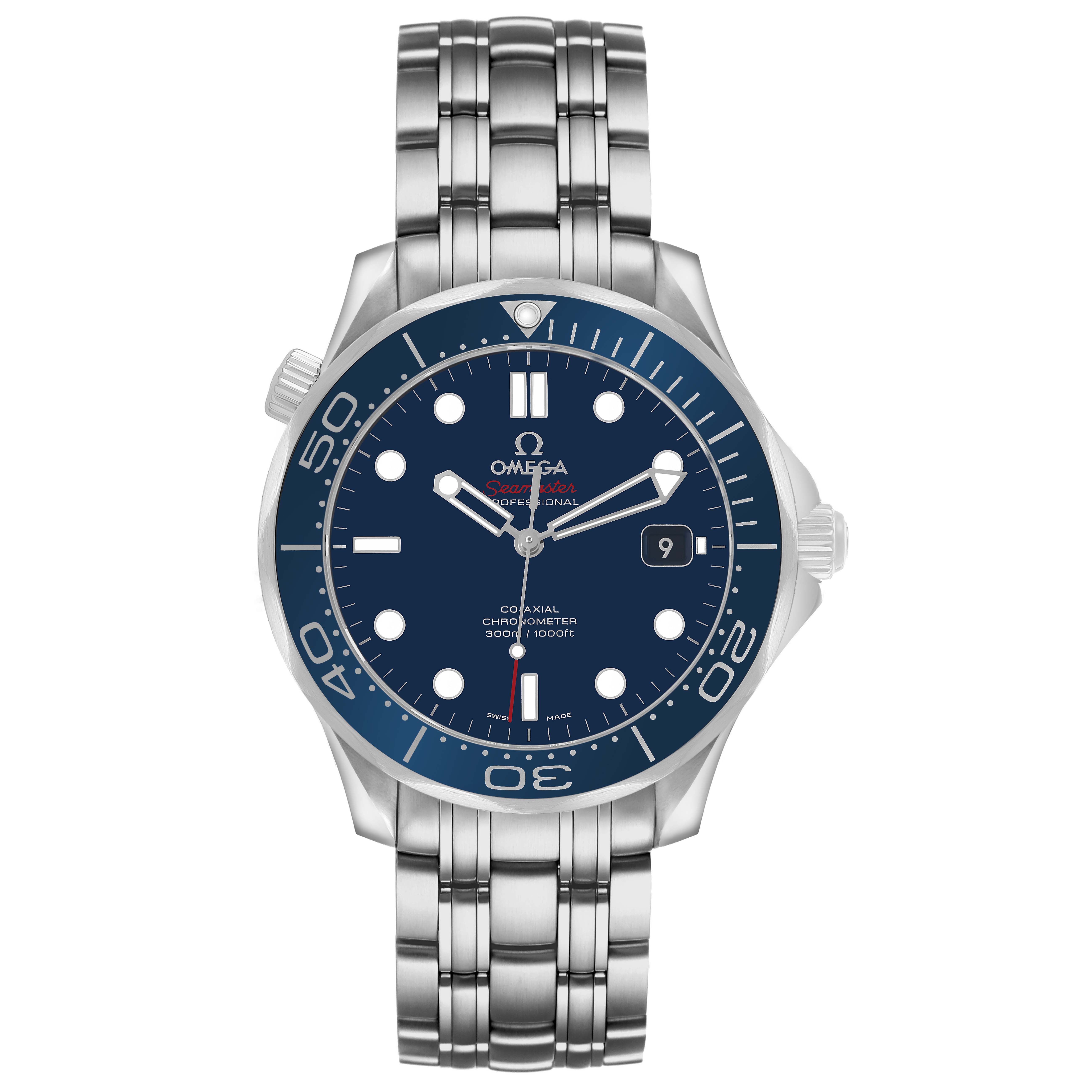 The Omega Seamaster 212.30.41.20.03.001 Men's Stainless Steel Blue Dial watch is shown from a front angle, highlighting the dial, bezel, bracelet, and crown.