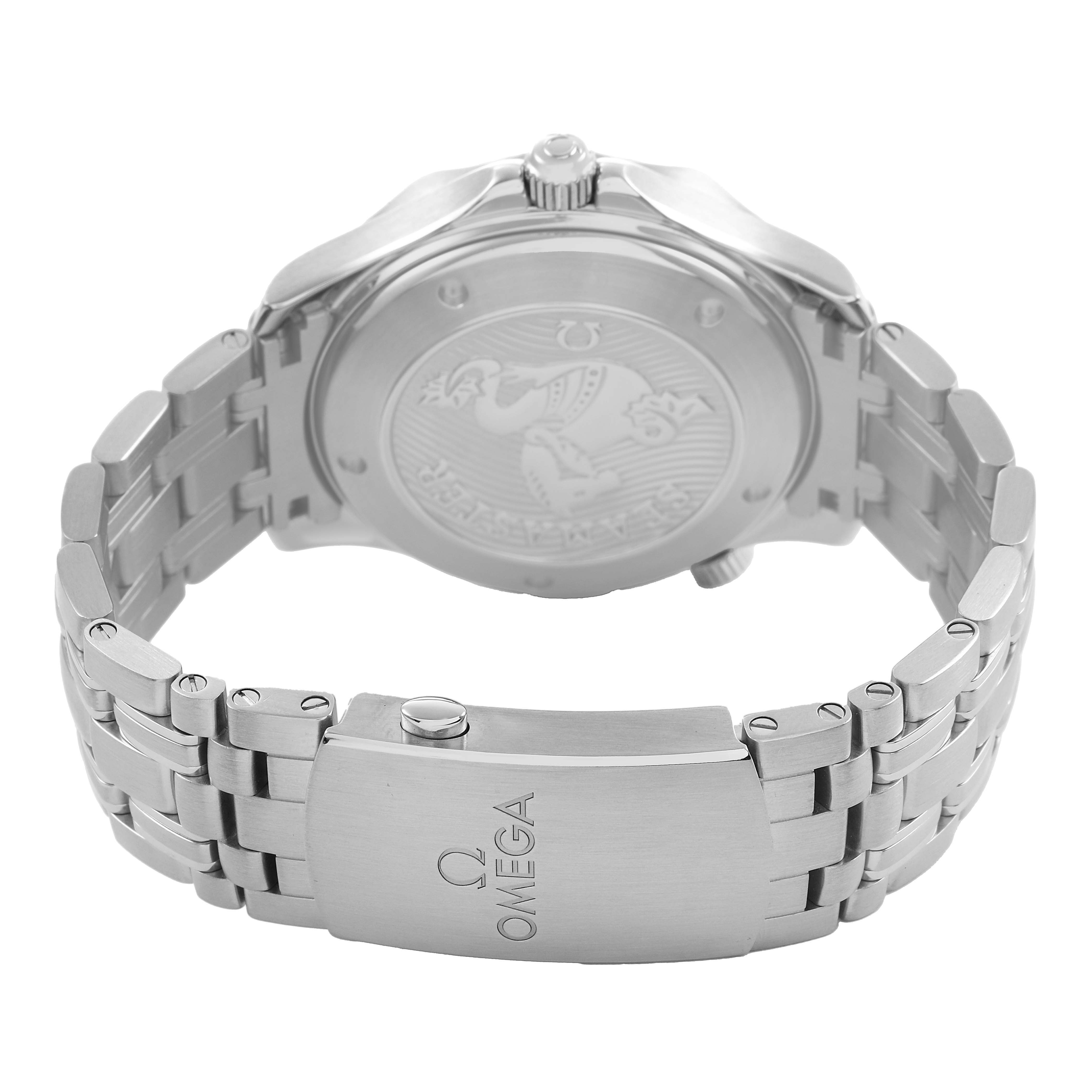 The image shows the back case and bracelet clasp of an Omega Seamaster 212.30.41.20.03.001 Men's Stainless Steel Blue Dial watch from a rear angle.