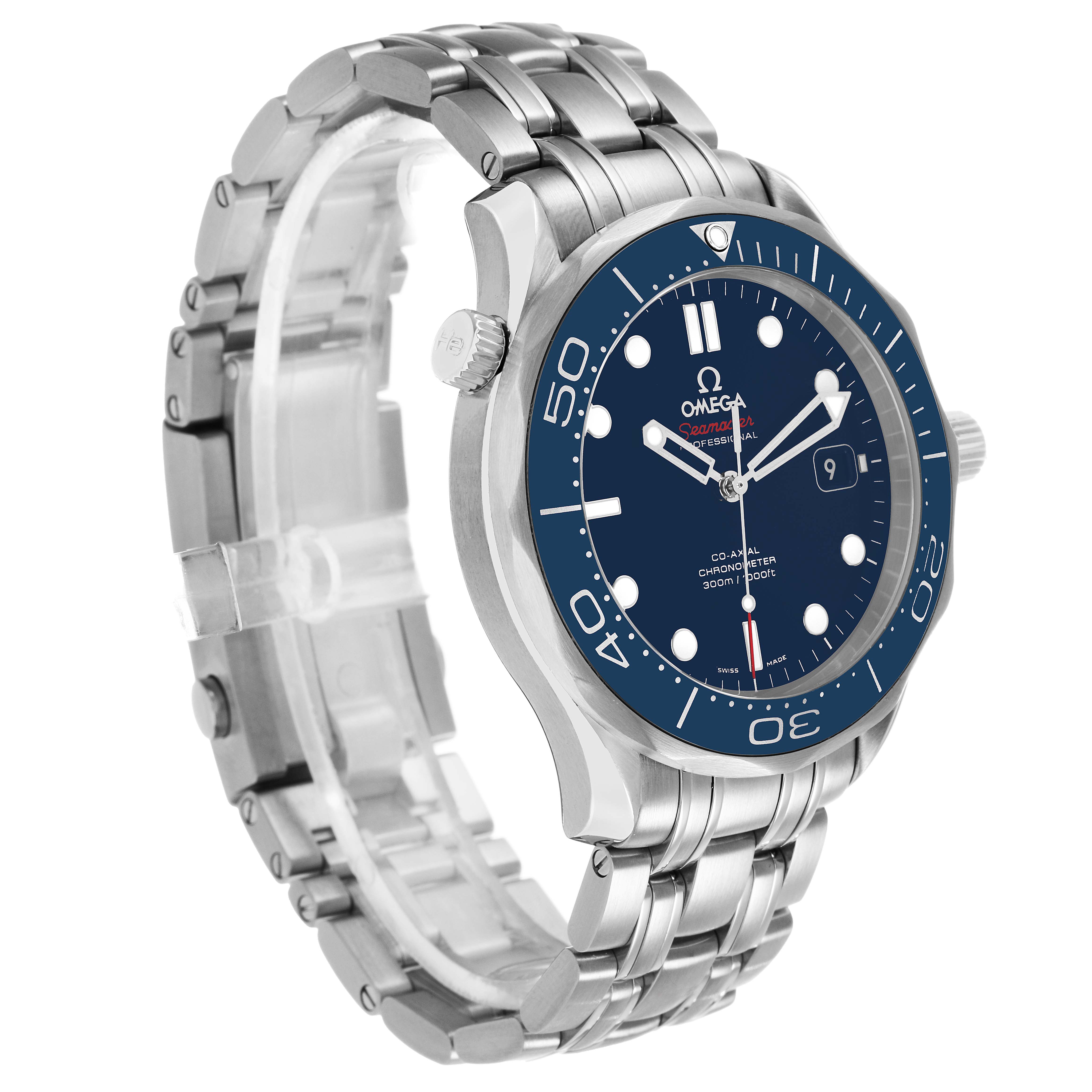 The Omega Seamaster 212.30.41.20.03.001 Men's Stainless Steel Blue Dial watch is shown at a three-quarter angle, displaying the watch face, bezel, crown, and part of the bracelet.