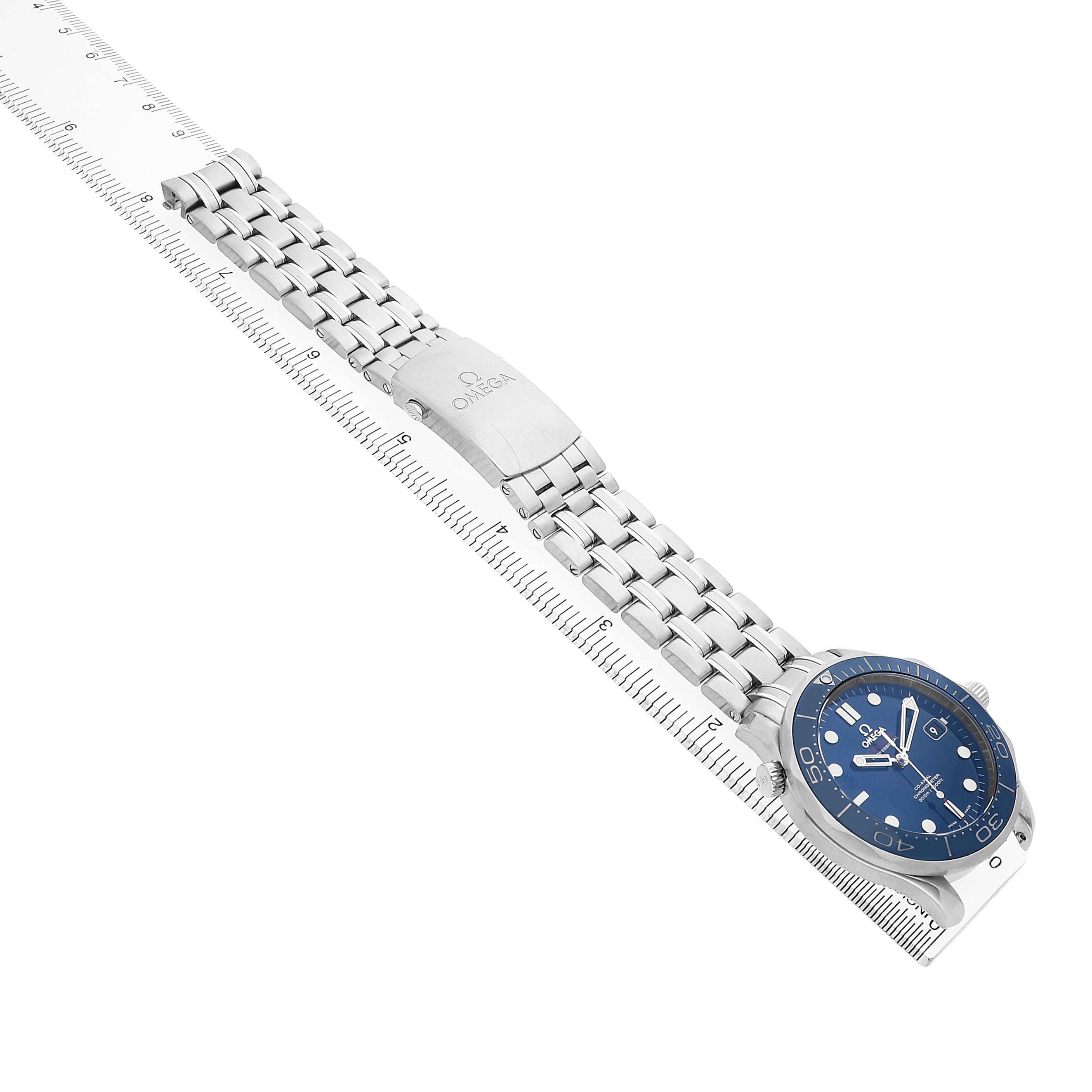 The Omega Seamaster 212.30.41.20.03.001 Men's Stainless Steel Blue Dial watch is shown at an angled side view, highlighting the blue dial, bezel, and metal bracelet.