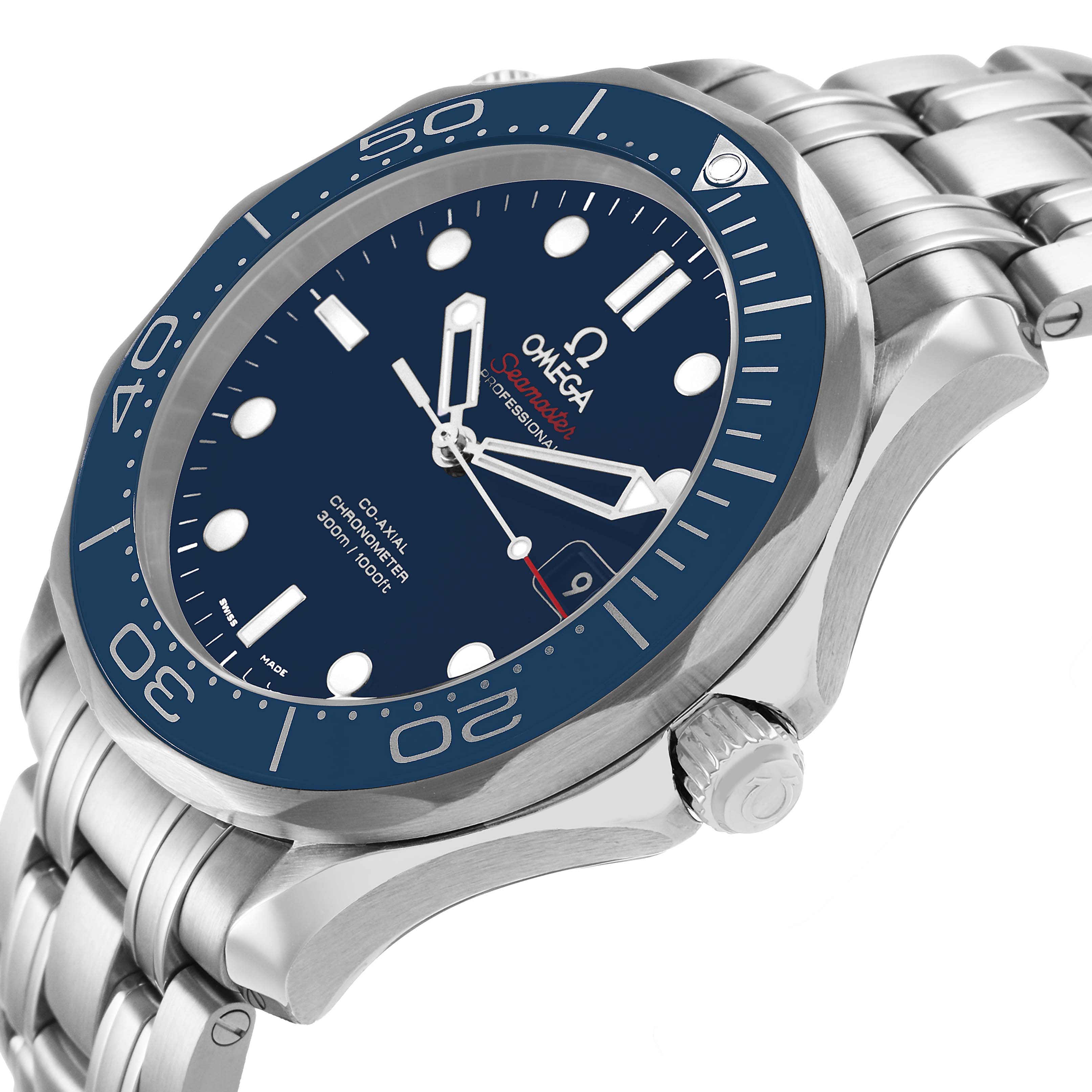 The Omega Seamaster 212.30.41.20.03.001 Men's Stainless Steel Blue Dial watch is shown at an angle highlighting the face, bezel, case, and metal bracelet.