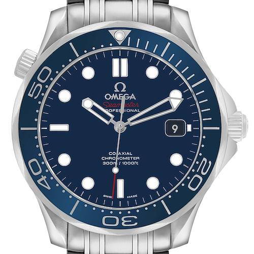 The Omega Seamaster 212.30.41.20.03.001 Men's Stainless Steel Blue Dial watch is shown from the front, highlighting the dial, bezel, crown, hands, and bracelet attachment.