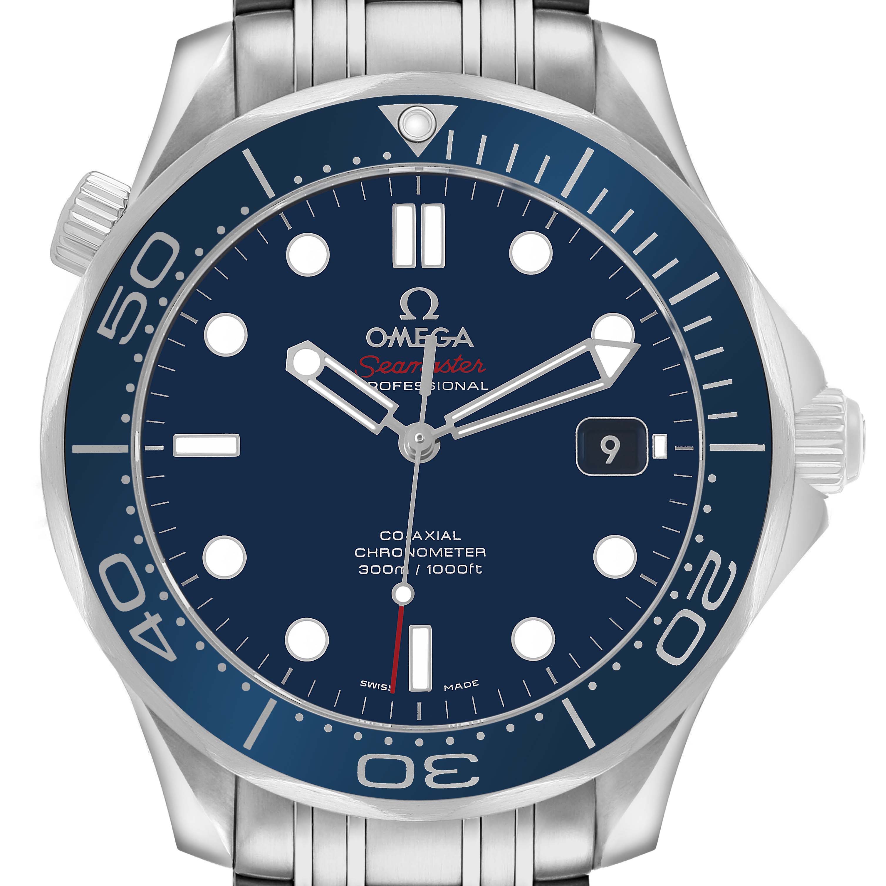 The Omega Seamaster 212.30.41.20.03.001 Men's Stainless Steel Blue Dial watch is shown from the front, displaying the face, bezel, and part of the bracelet.