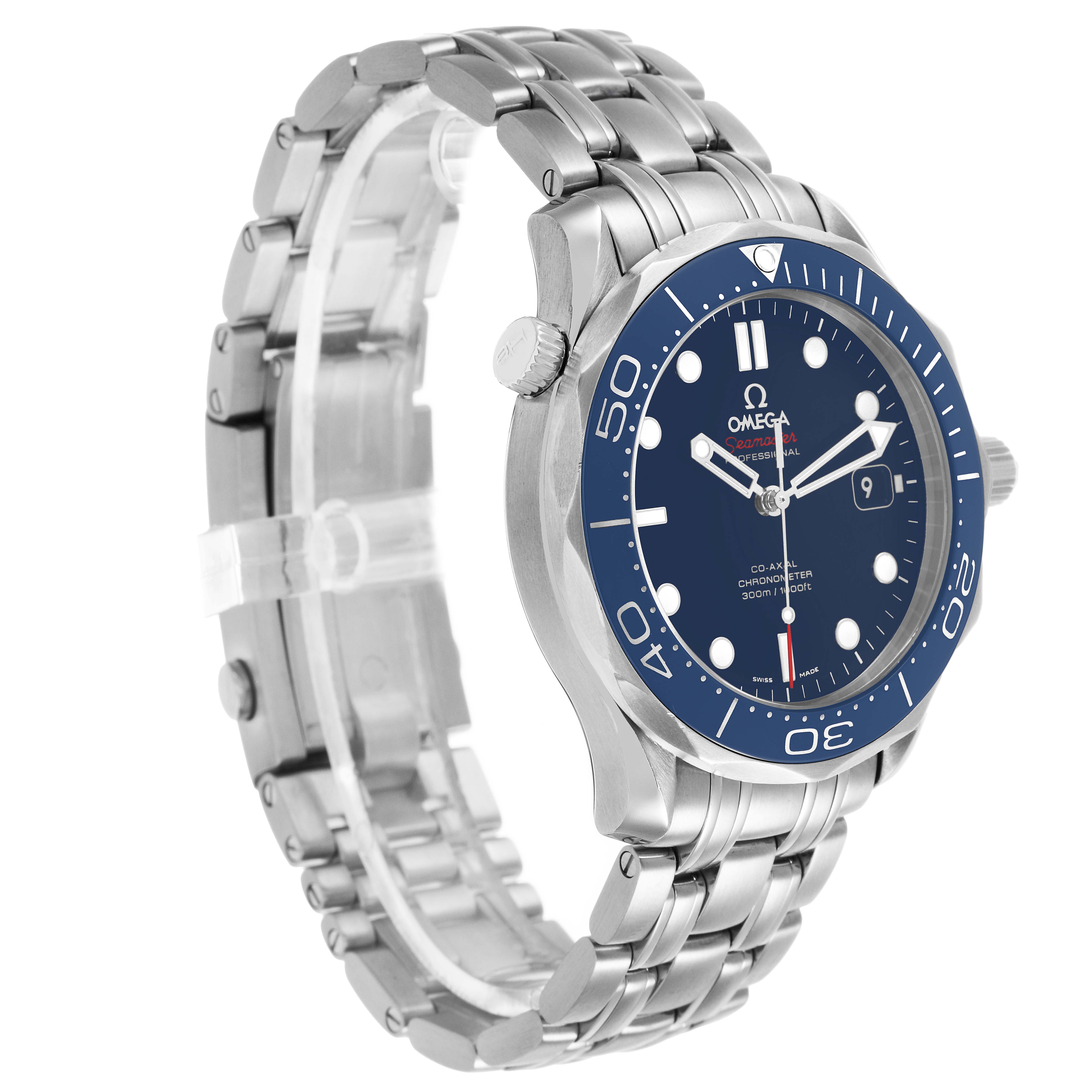 The Omega Seamaster 212.30.41.20.03.001 Men's Stainless Steel Blue Dial watch is shown at a three-quarter angle, highlighting the bezel, dial, bracelet, and crown.