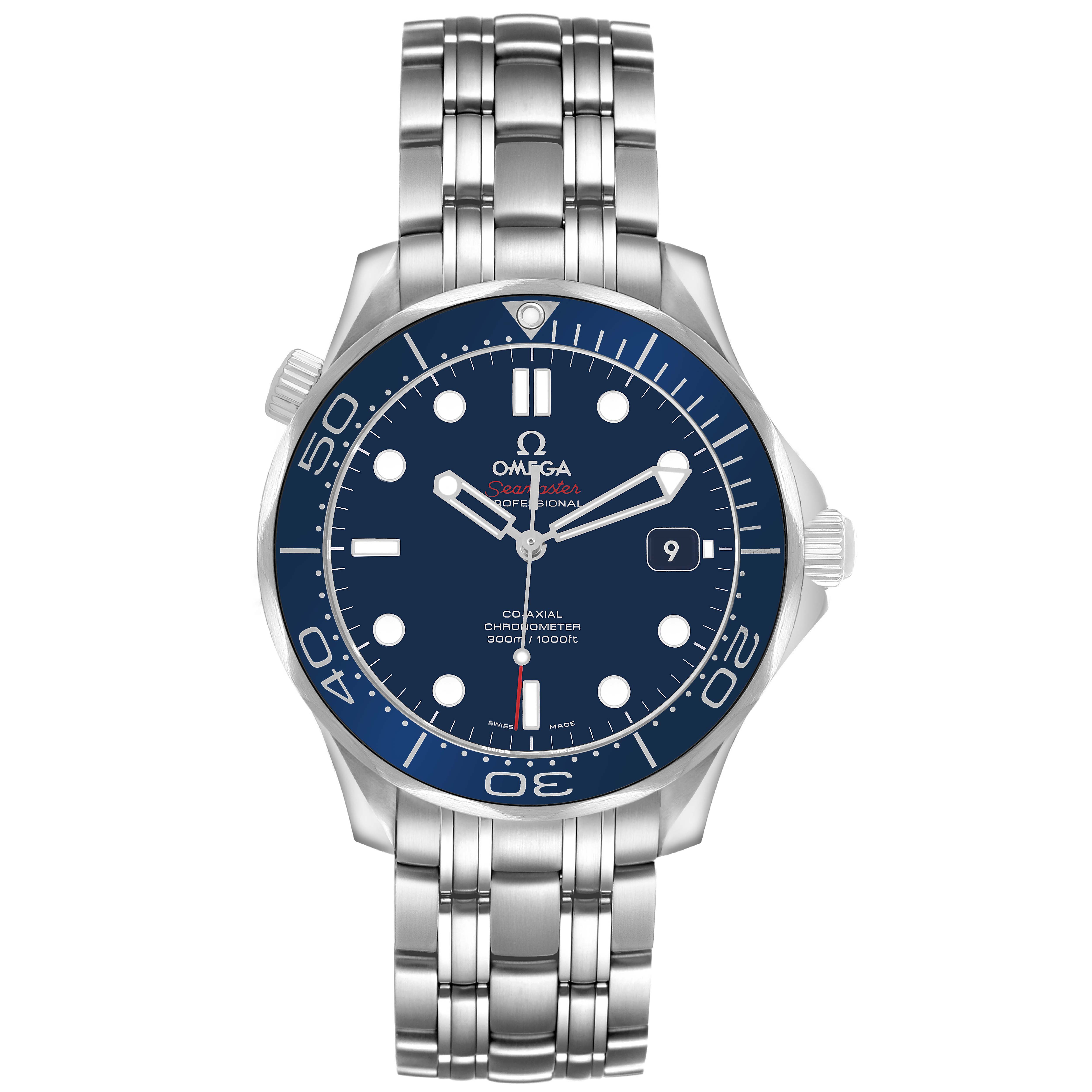 The Omega Seamaster 212.30.41.20.03.001 Men's Stainless Steel Blue Dial is shown from a front angle, displaying the dial, bezel, crown, and metal bracelet.