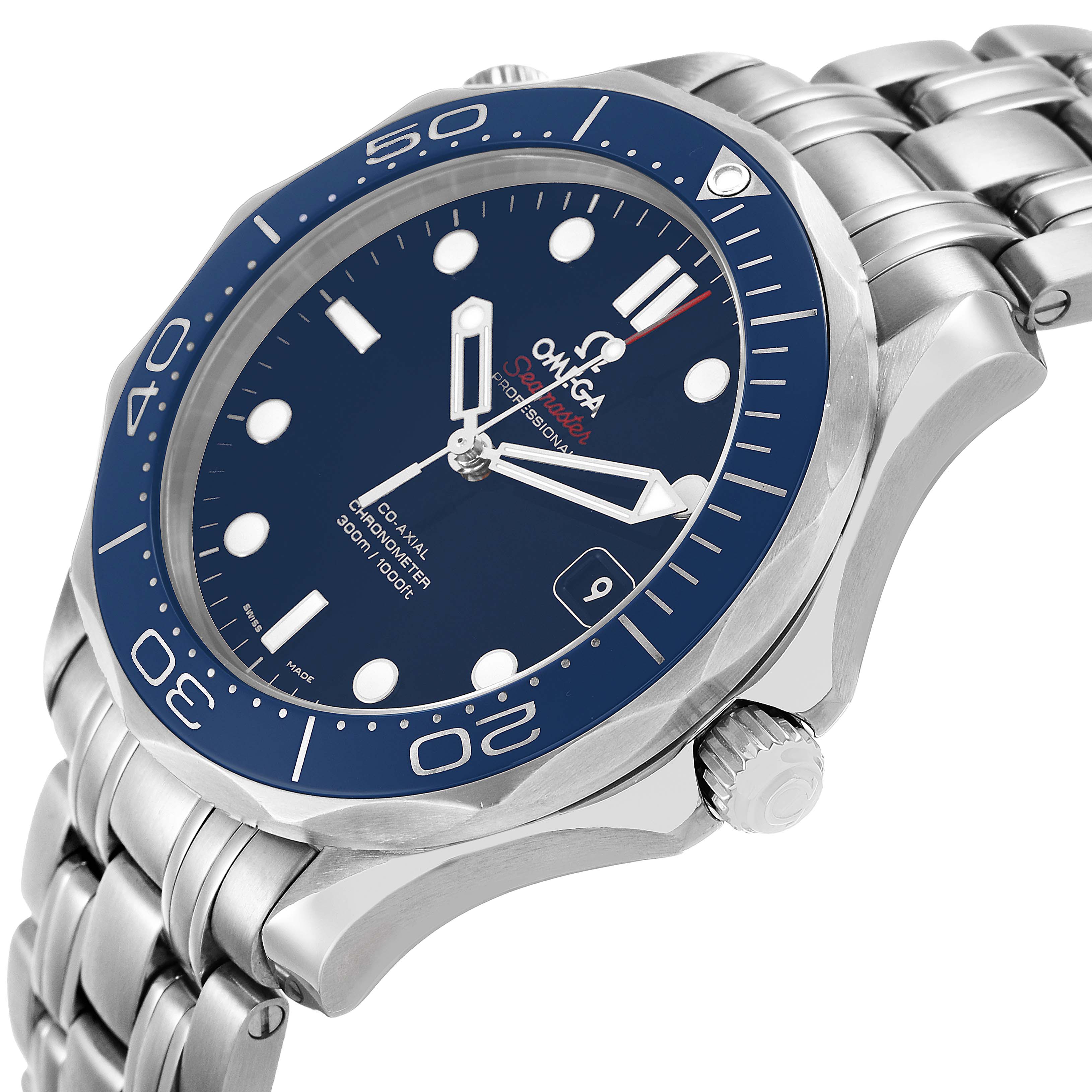 The Omega Seamaster 212.30.41.20.03.001 Men's Stainless Steel Blue Dial is shown at an oblique angle, featuring the blue bezel, dial, and stainless steel bracelet.