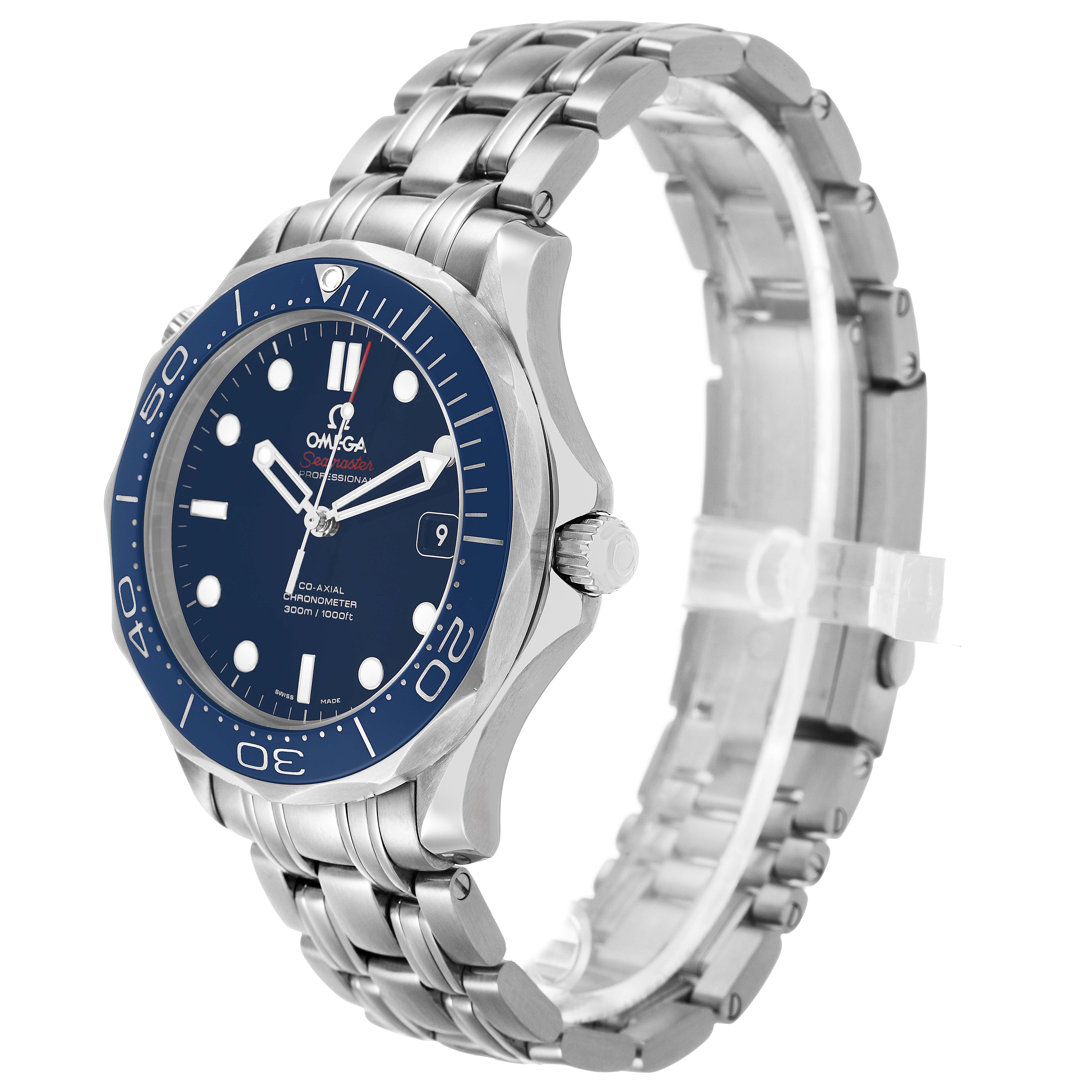 The Omega Seamaster 212.30.41.20.03.001 Men's Stainless Steel Blue Dial watch is shown at a three-quarter angle, displaying the face, bezel, crown, and bracelet.