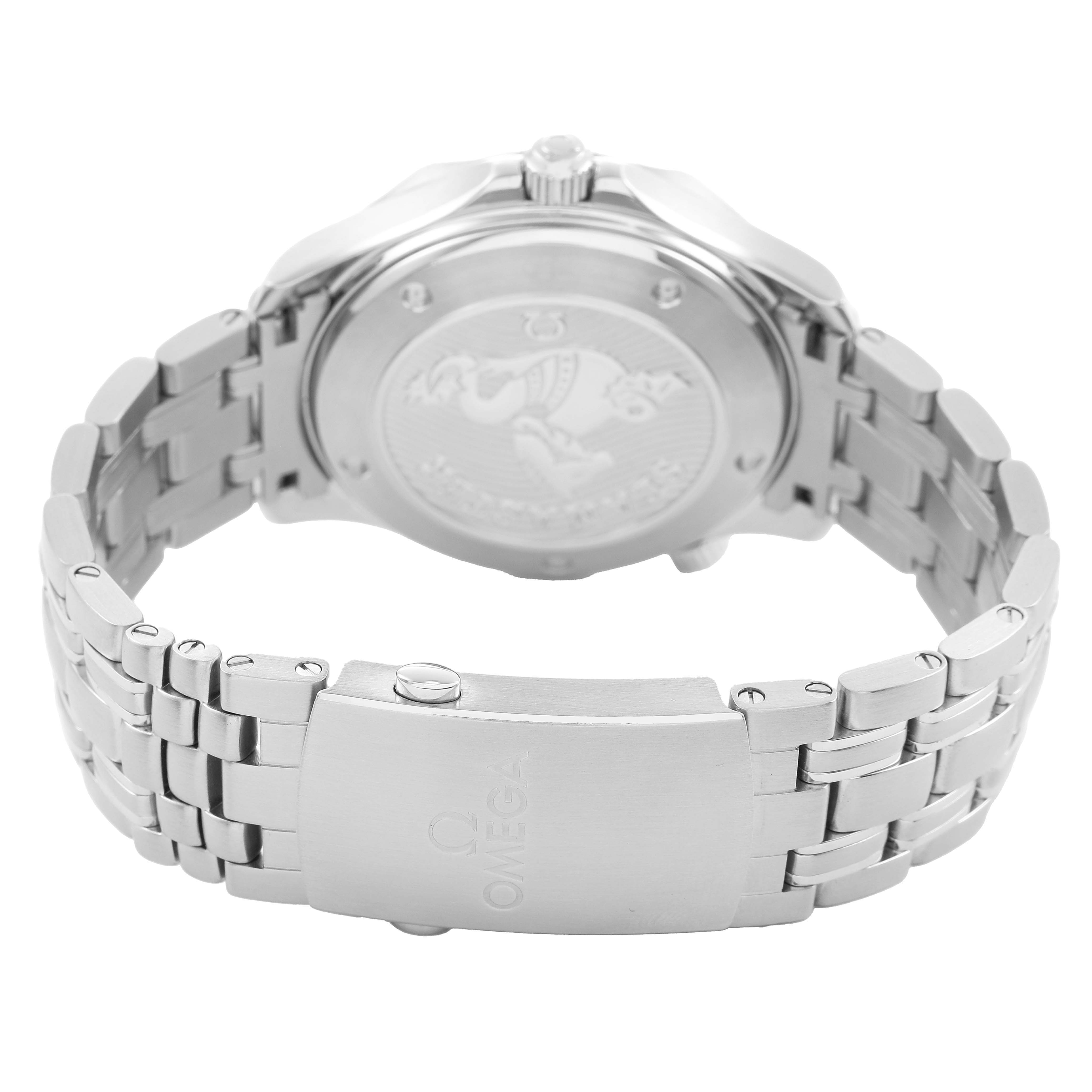 The image shows the back case and bracelet of an Omega Seamaster 212.30.41.20.03.001 Men's Stainless Steel Blue Dial watch, highlighting the clasp and engraved caseback.