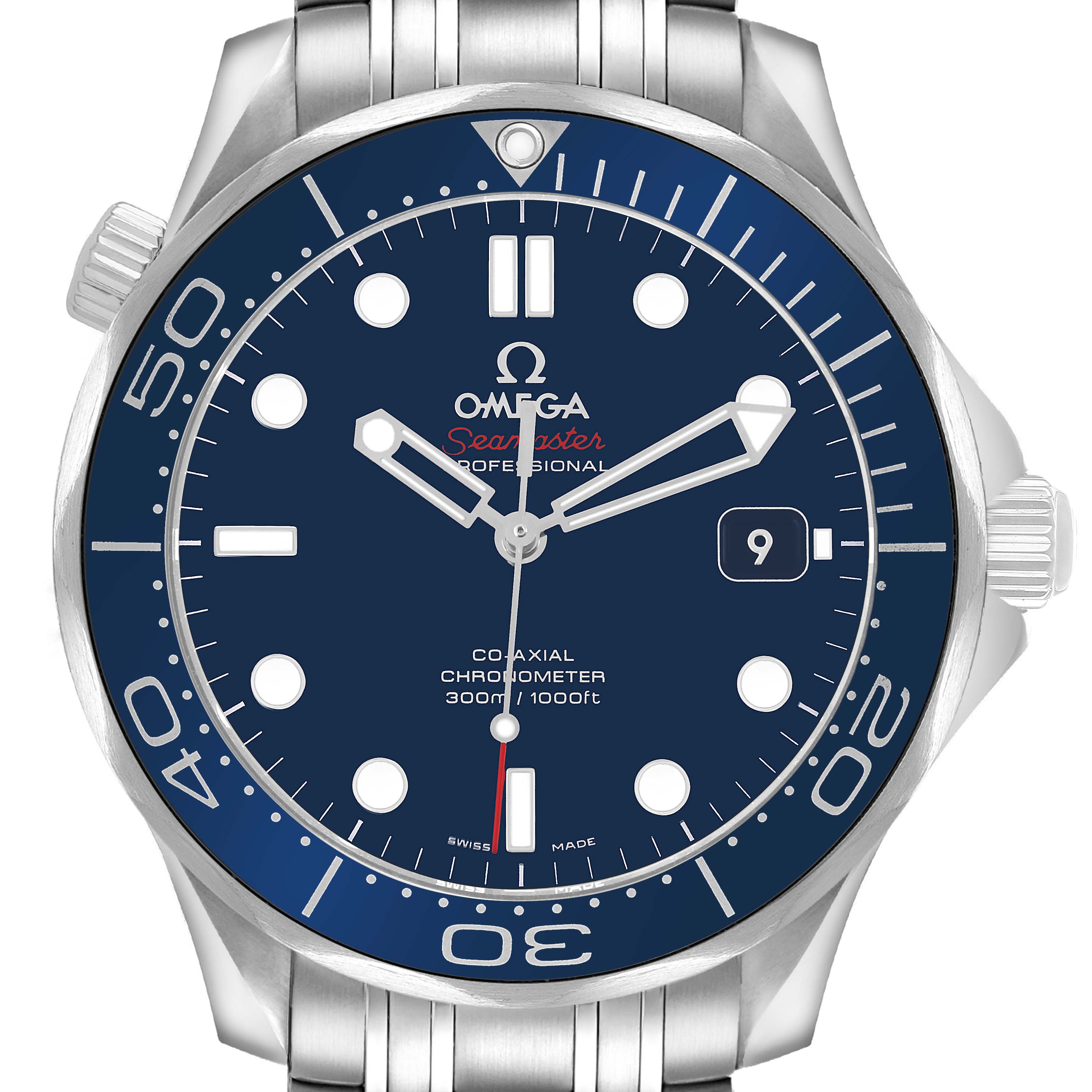 The image shows a front view of the Omega Seamaster 212.30.41.20.03.001 Men's Stainless Steel Blue Dial, highlighting its blue dial, bezel, and stainless steel case and bracelet.