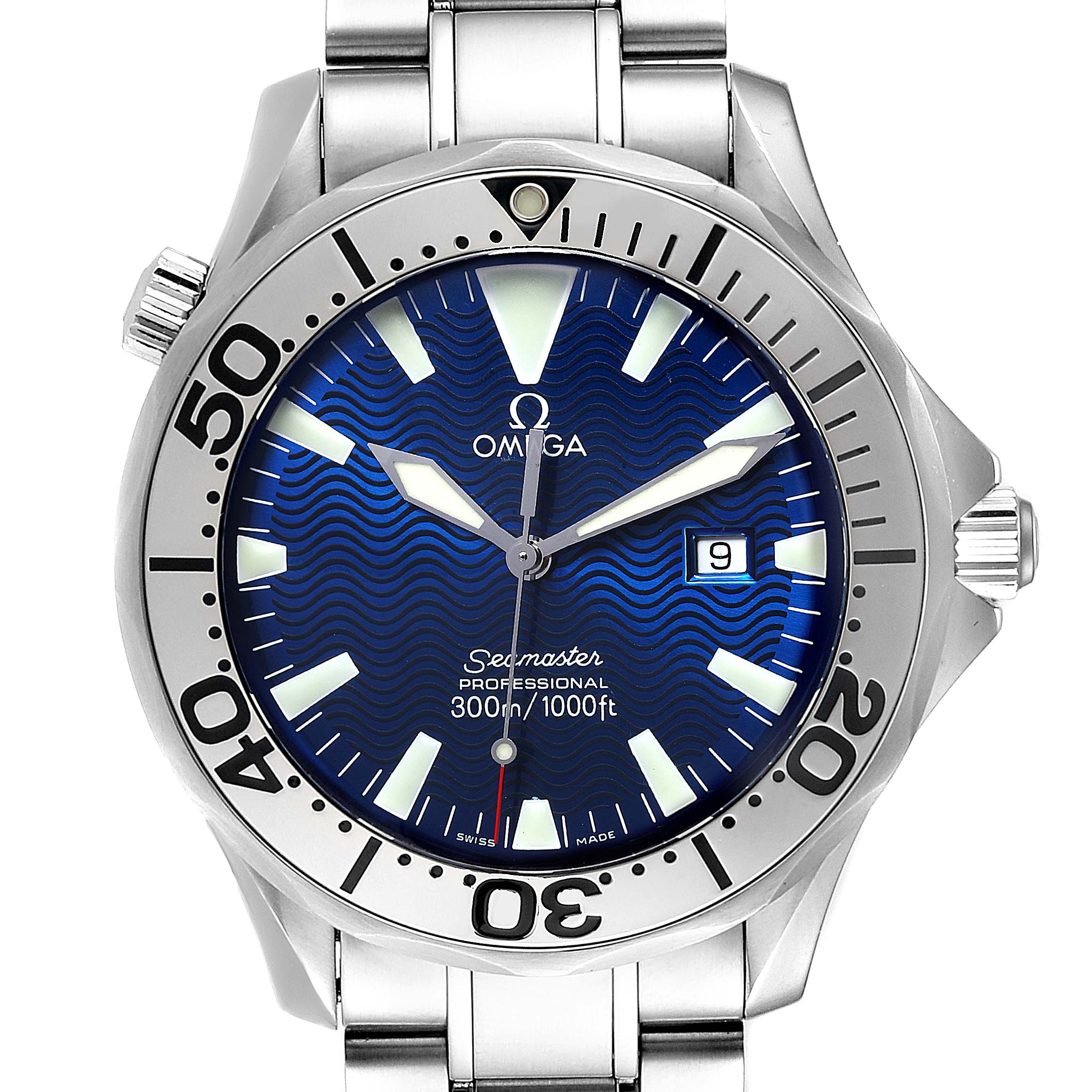The Omega Seamaster 2265.80.00 Men
s Stainless Steel Blue Dial 2265.80.00 Men
s Stainless Steel Blue Dial watch is shown from the front, displaying its face, bezel, and part of the stainless steel bracelet.