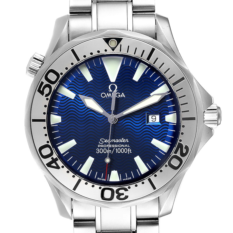 Omega Seamaster Electric Blue Wave Dial Mens Watch 2265.80.00 Card SwissWatchExpo