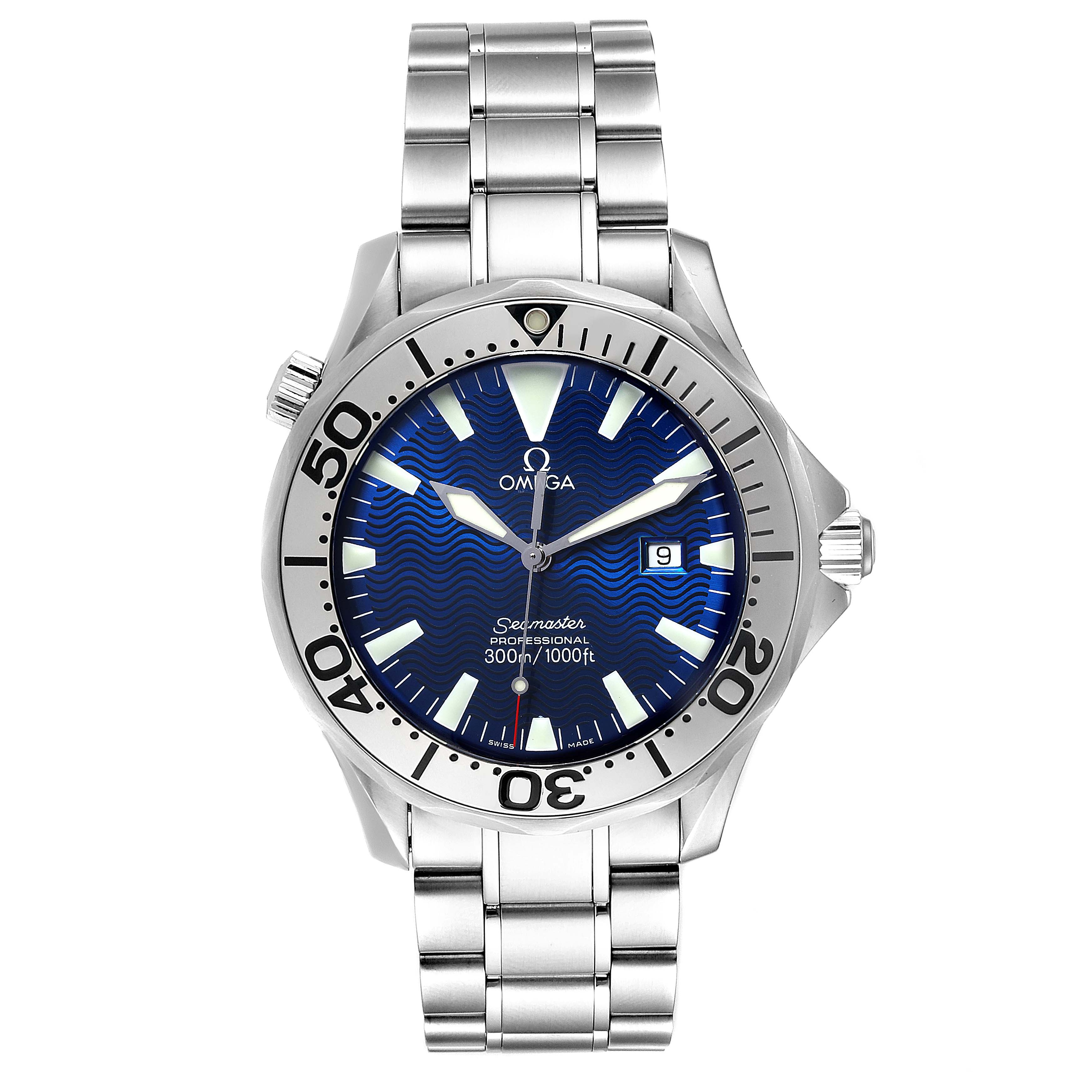 The image shows a top-down view of an Omega Seamaster 2265.80.00 Men
s Stainless Steel Blue Dial 2265.80.00 Men
s Stainless Steel Blue Dial watch, highlighting its dial, bezel, crown, and stainless steel bracelet.