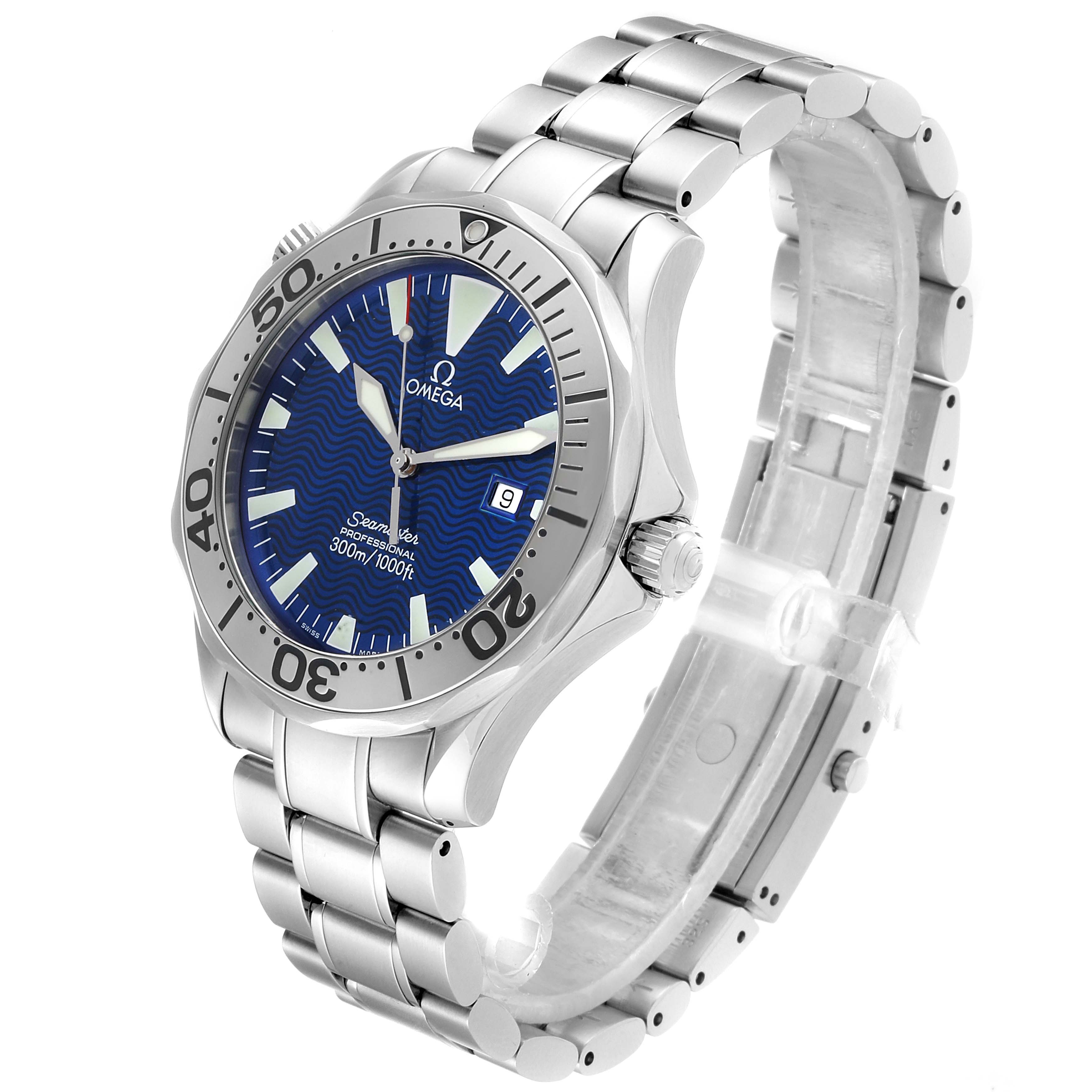 The Omega Seamaster 2265.80.00 Men
s Stainless Steel Blue Dial 2265.80.00 Men
s Stainless Steel Blue Dial watch is shown at a slight angle, displaying the face, bezel, crown, and bracelet clearly.