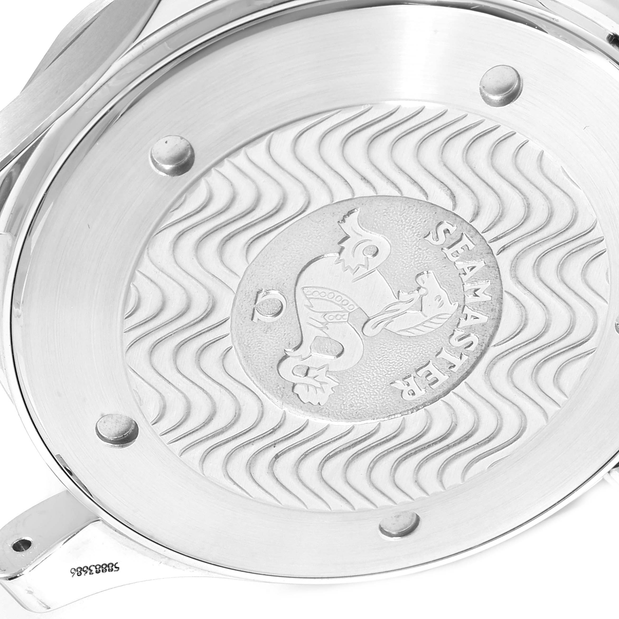 The image shows the intricate back case of an Omega Seamaster 2265.80.00 Men
s Stainless Steel Blue Dial 2265.80.00 Men
s Stainless Steel Blue Dial watch with distinct engravings and wave patterns.