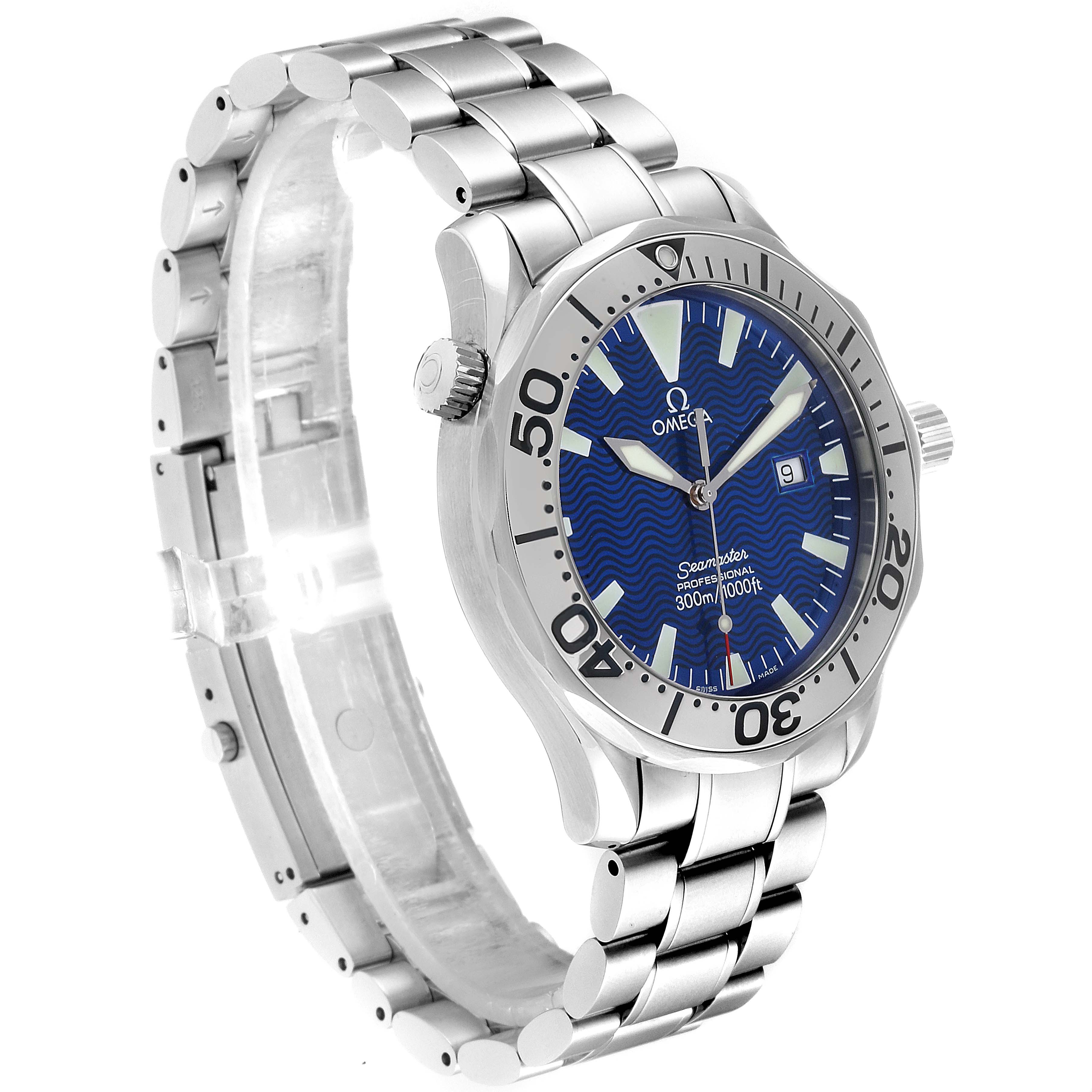 The image shows an Omega Seamaster 2265.80.00 Men
s Stainless Steel Blue Dial 2265.80.00 Men
s Stainless Steel Blue Dial watch from a front angle, showcasing its blue dial, bezel, and stainless steel bracelet.