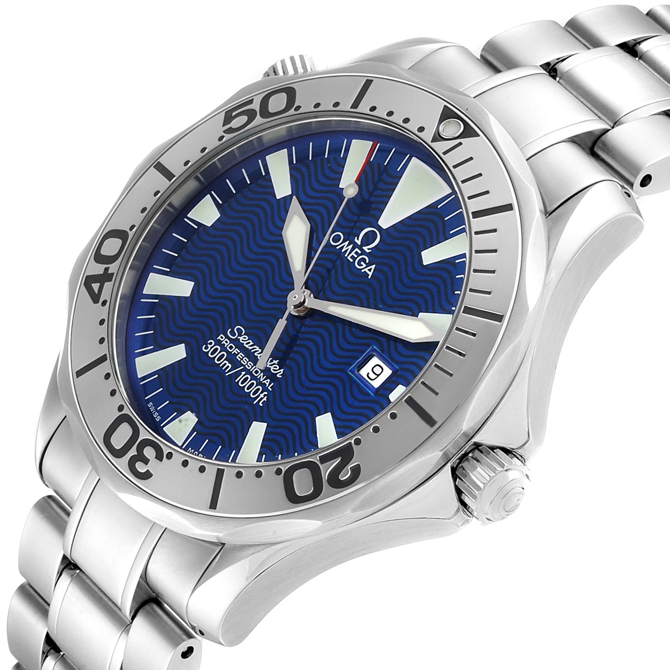 The image shows an angled view of the Omega Seamaster 2265.80.00 Men
s Stainless Steel Blue Dial 2265.80.00 Men
s Stainless Steel Blue Dial watch, highlighting the face, bezel, crown, and a portion of its bracelet.