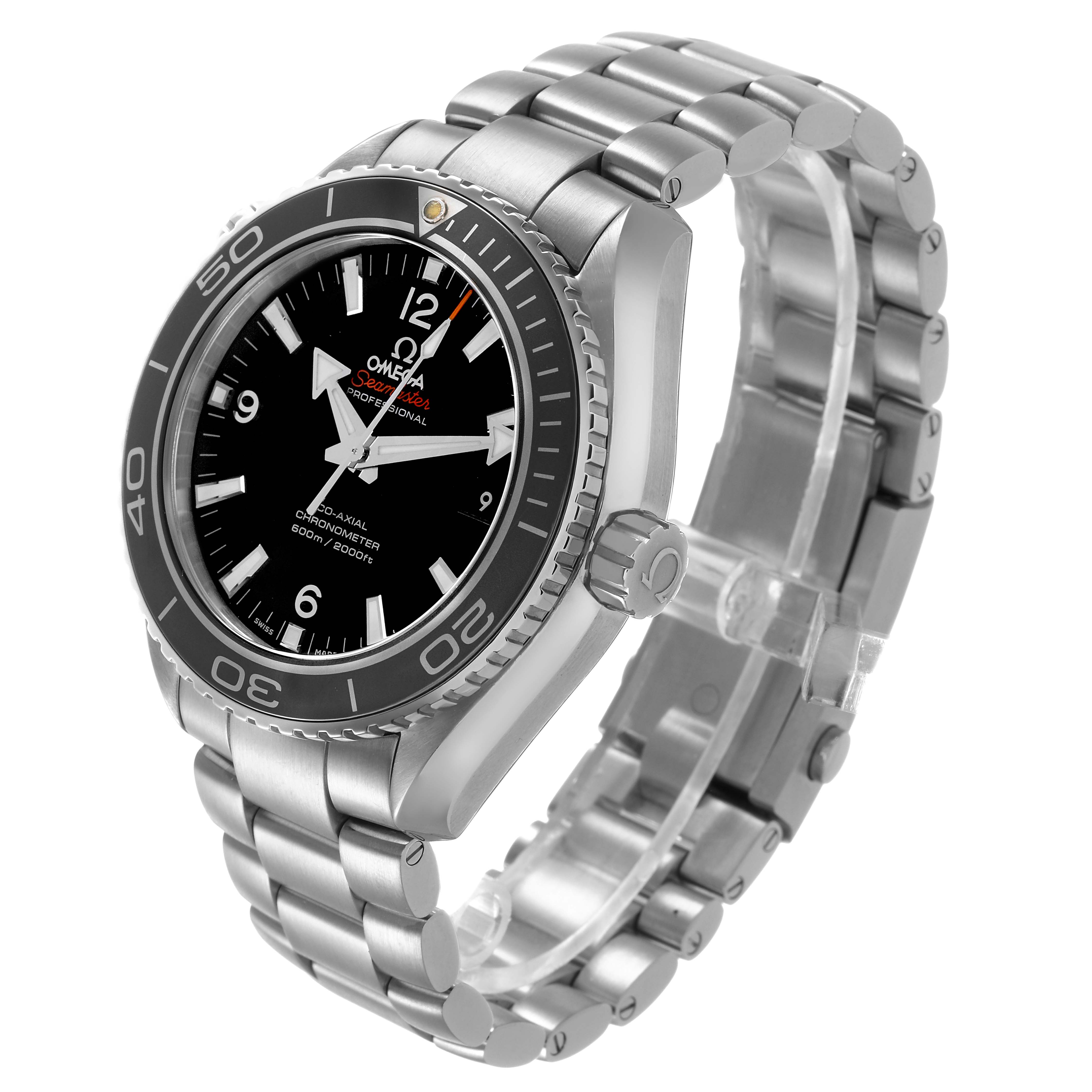 The Omega Planet Ocean 232.30.46.21.01.001 Men's Stainless Steel Black Dial watch is shown at a side angle, highlighting the face, bezel, bracelet, and crown.