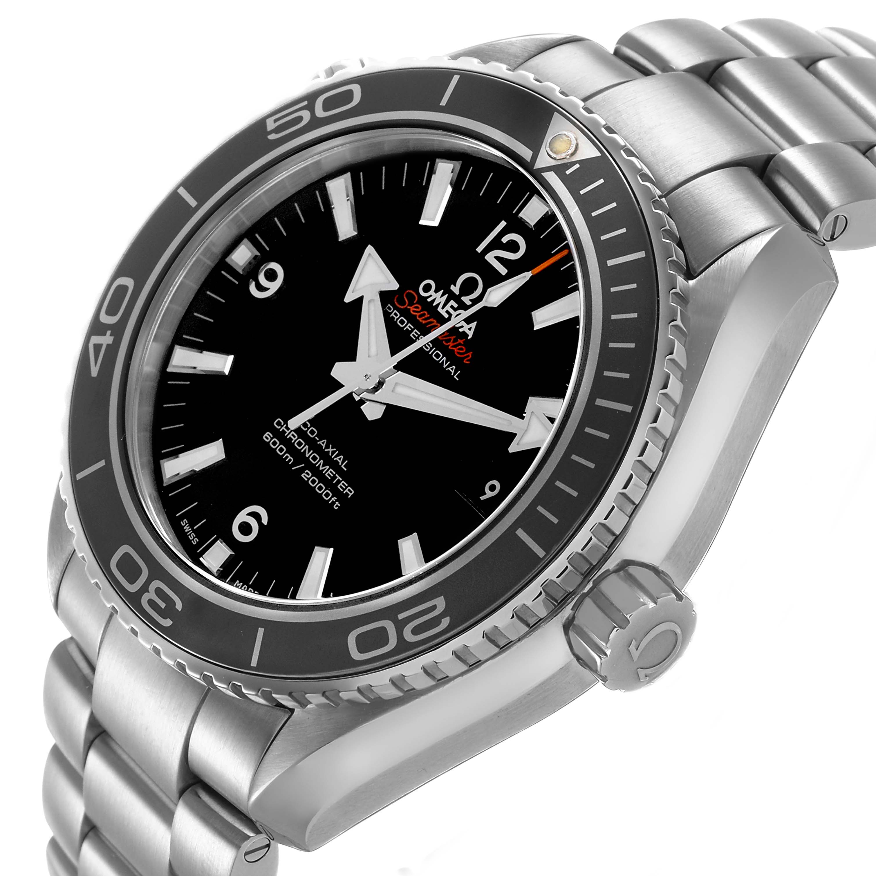 The Omega Planet Ocean 232.30.46.21.01.001 Men's Stainless Steel Black Dial watch is shown at a slight side angle, displaying the dial, bezel, case, and part of the bracelet.
