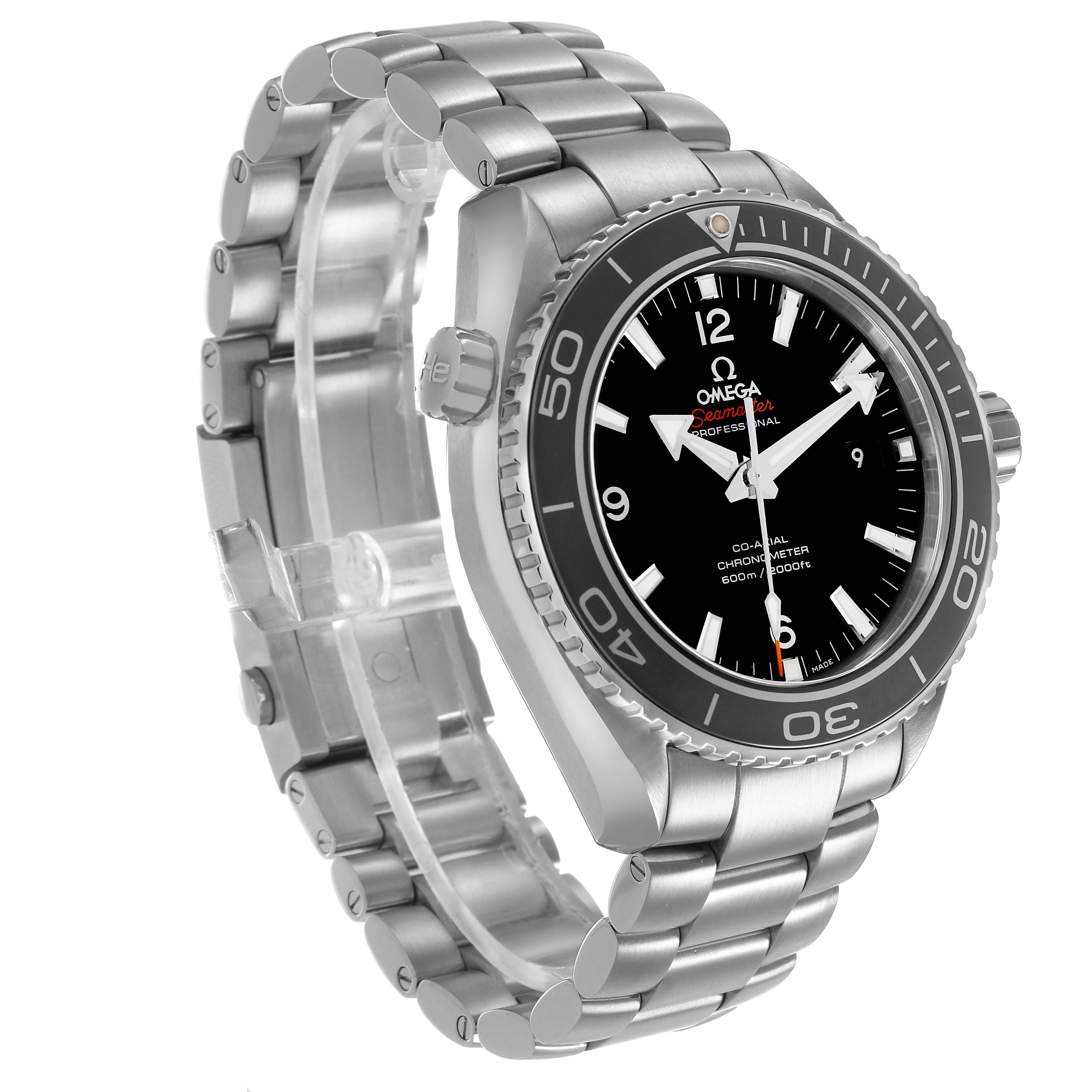 The image shows the Omega Planet Ocean 232.30.46.21.01.001 Men's Stainless Steel Black Dial watch at a three-quarter angle, highlighting its bezel, crown, dial, and bracelet.