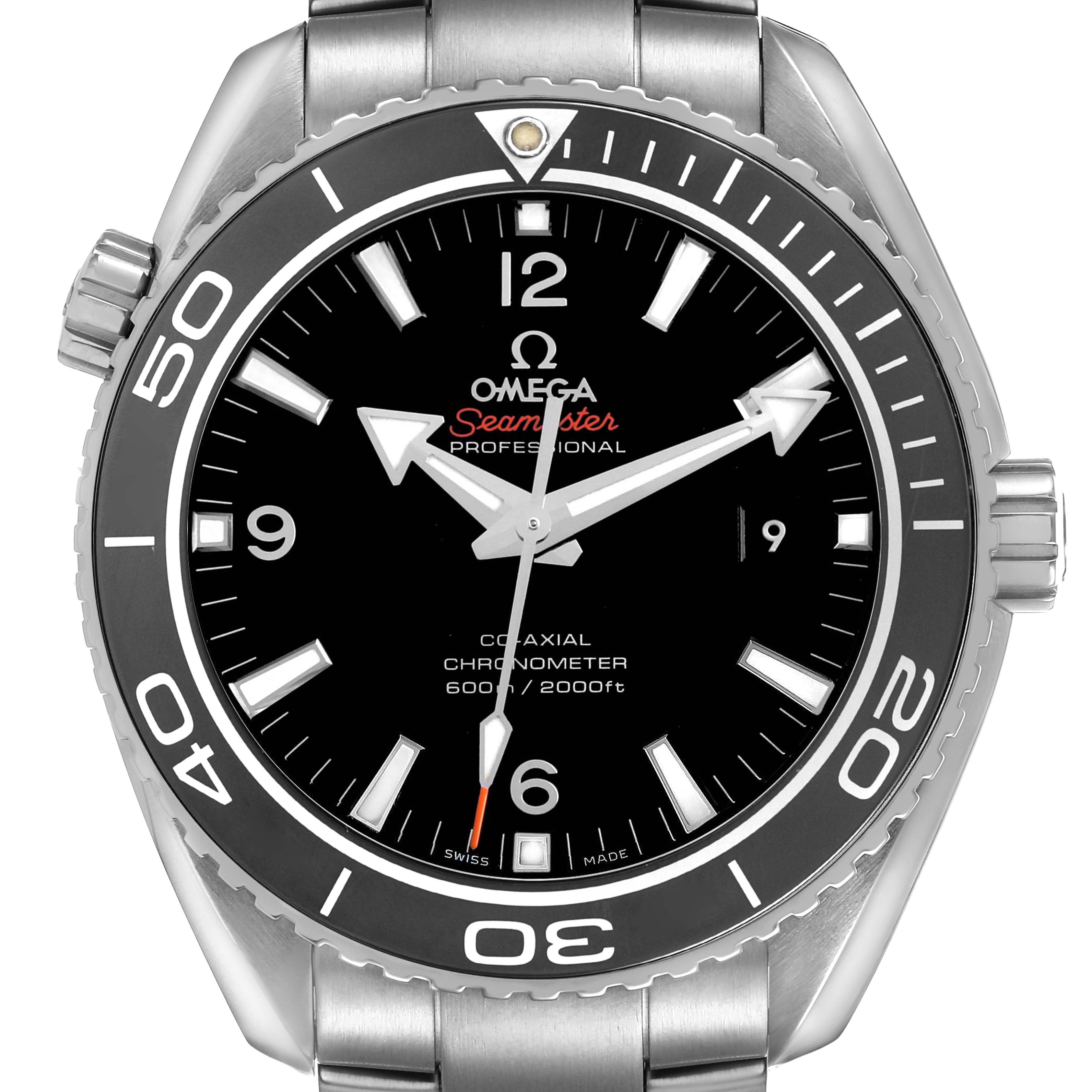 The image shows a front view of the Omega Planet Ocean 232.30.46.21.01.001 Men's Stainless Steel Black Dial watch, highlighting the bezel, dial, hands, and bracelet.