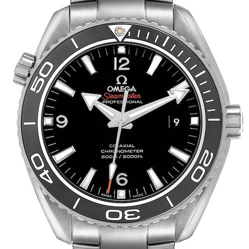 The Omega Planet Ocean 232.30.46.21.01.001 Men's Stainless Steel Black Dial watch is shown from a frontal angle, displaying the face, bezel, crown, and part of the bracelet.