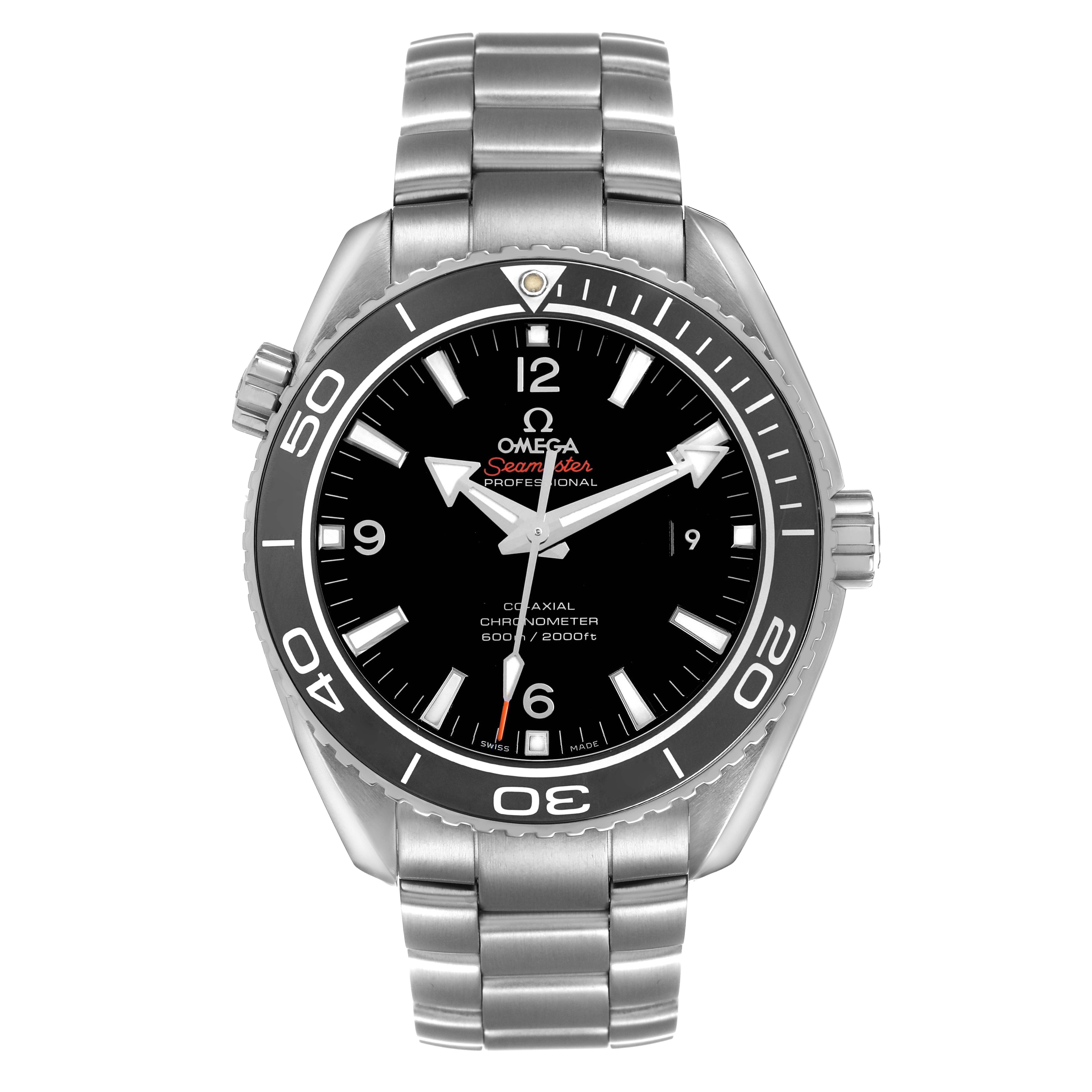 The Omega Planet Ocean 232.30.46.21.01.001 Men's Stainless Steel Black Dial watch is shown from the front, displaying its dial, bezel, and bracelet.