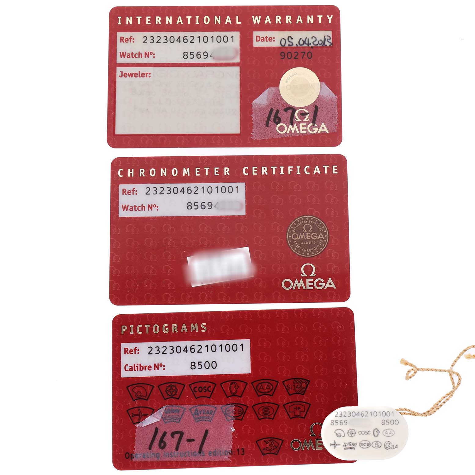 The image shows warranty, chronometer certificate, and pictograms cards for the Omega Planet Ocean 232.30.46.21.01.001 Men's Stainless Steel Black Dial watch.