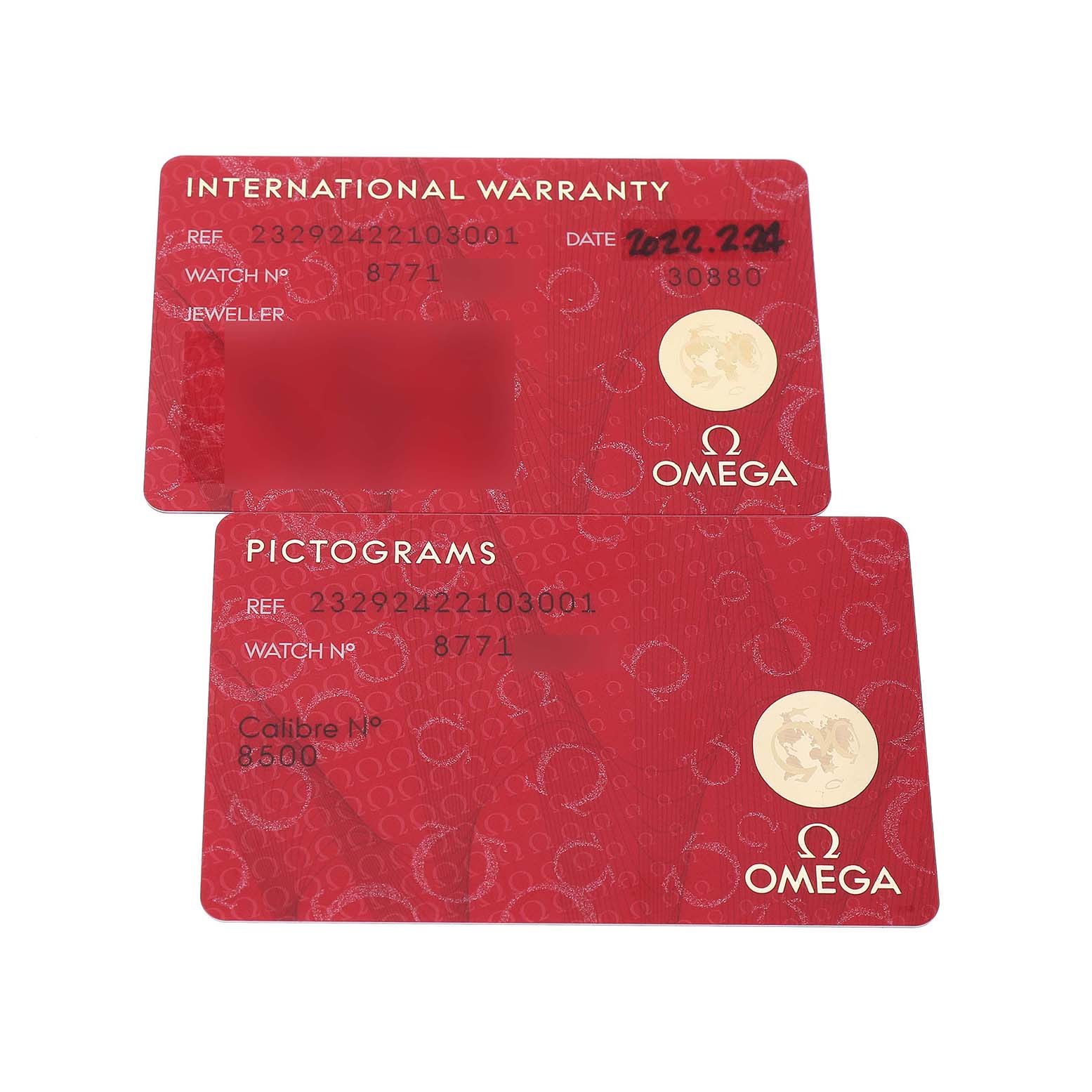 The image shows International Warranty and Pictogram cards for an Omega Planet Ocean 232.92.42.21.03.001 Men's Titanium Blue Dial watch.