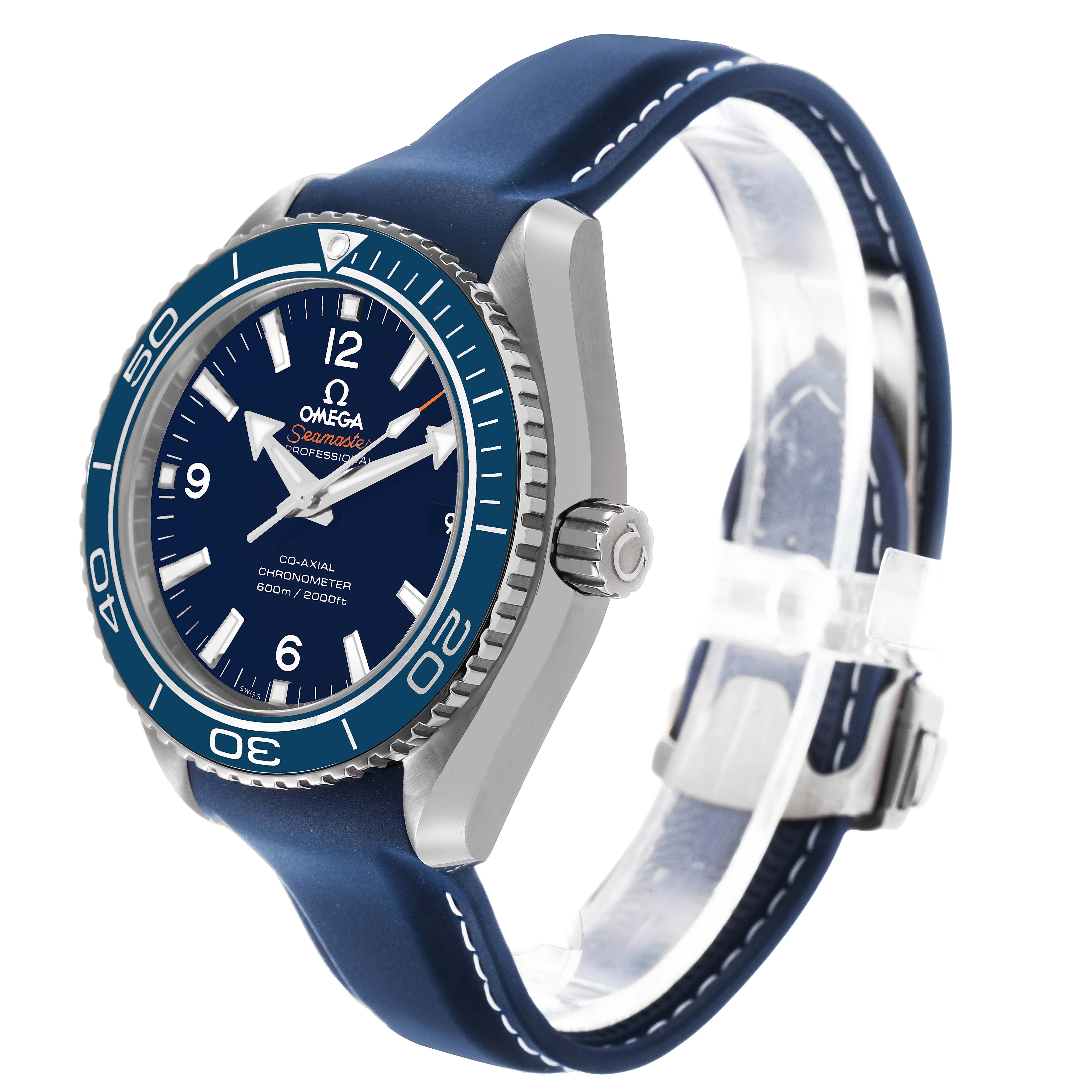 The Omega Planet Ocean 232.92.42.21.03.001 Men's Titanium Blue Dial watch is shown in a side angle displaying its blue bezel, crown, face, and blue strap.