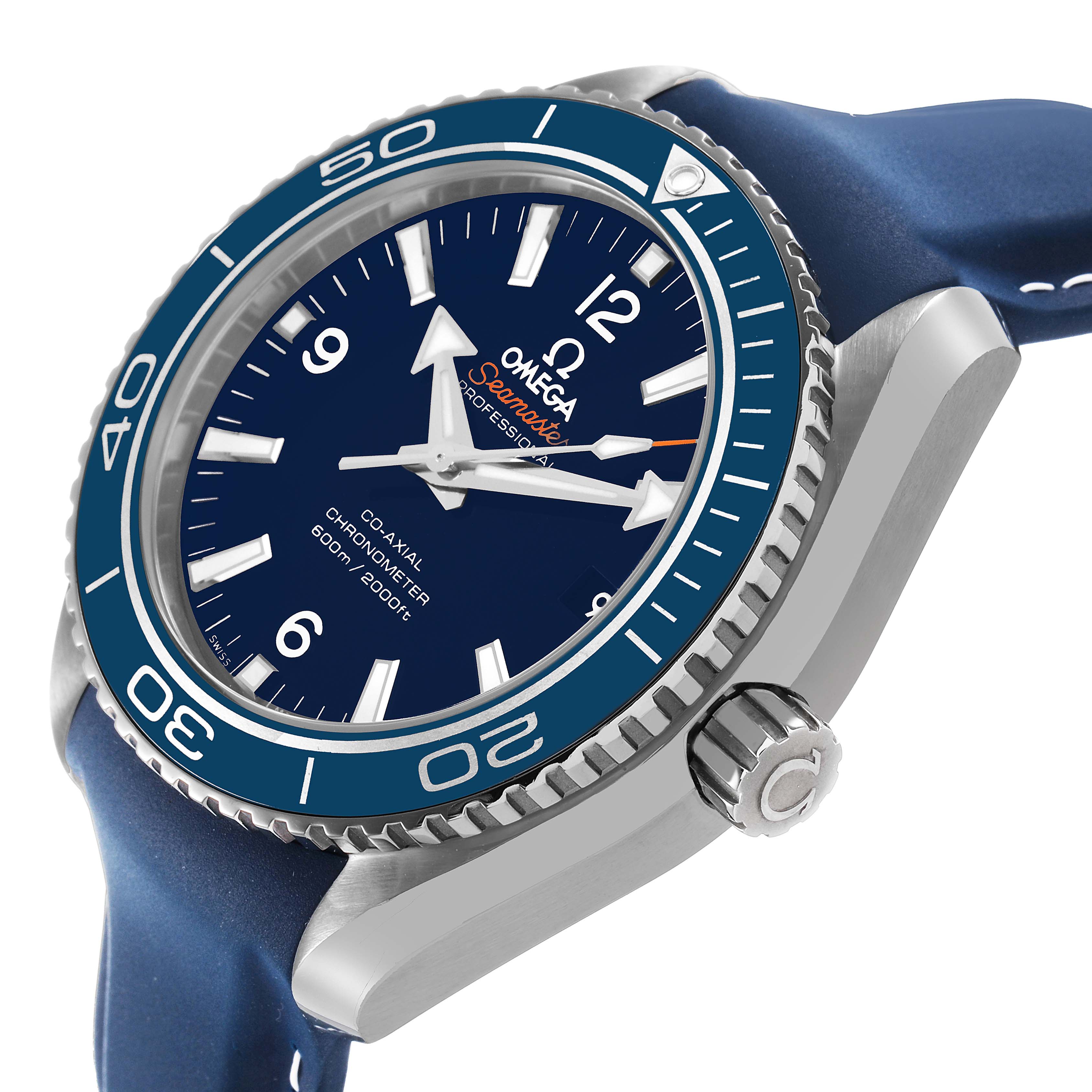 The Omega Planet Ocean 232.92.42.21.03.001 Men's Titanium Blue Dial watch is shown at an angled close-up, highlighting the dial, bezel, and crown.