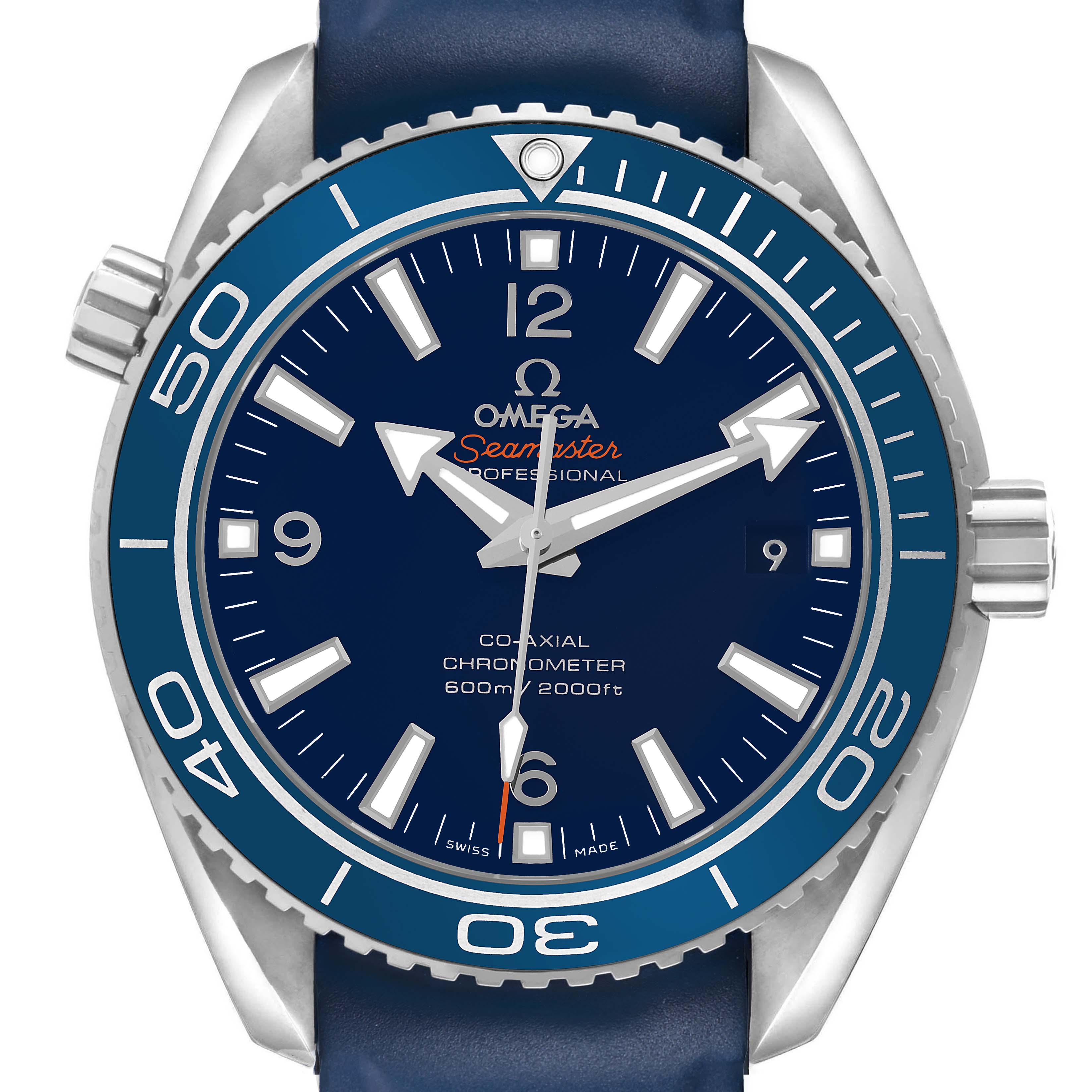 The Omega Planet Ocean 232.92.42.21.03.001 Men's Titanium Blue Dial watch is shown from a front angle, highlighting the dial, bezel, and crown.