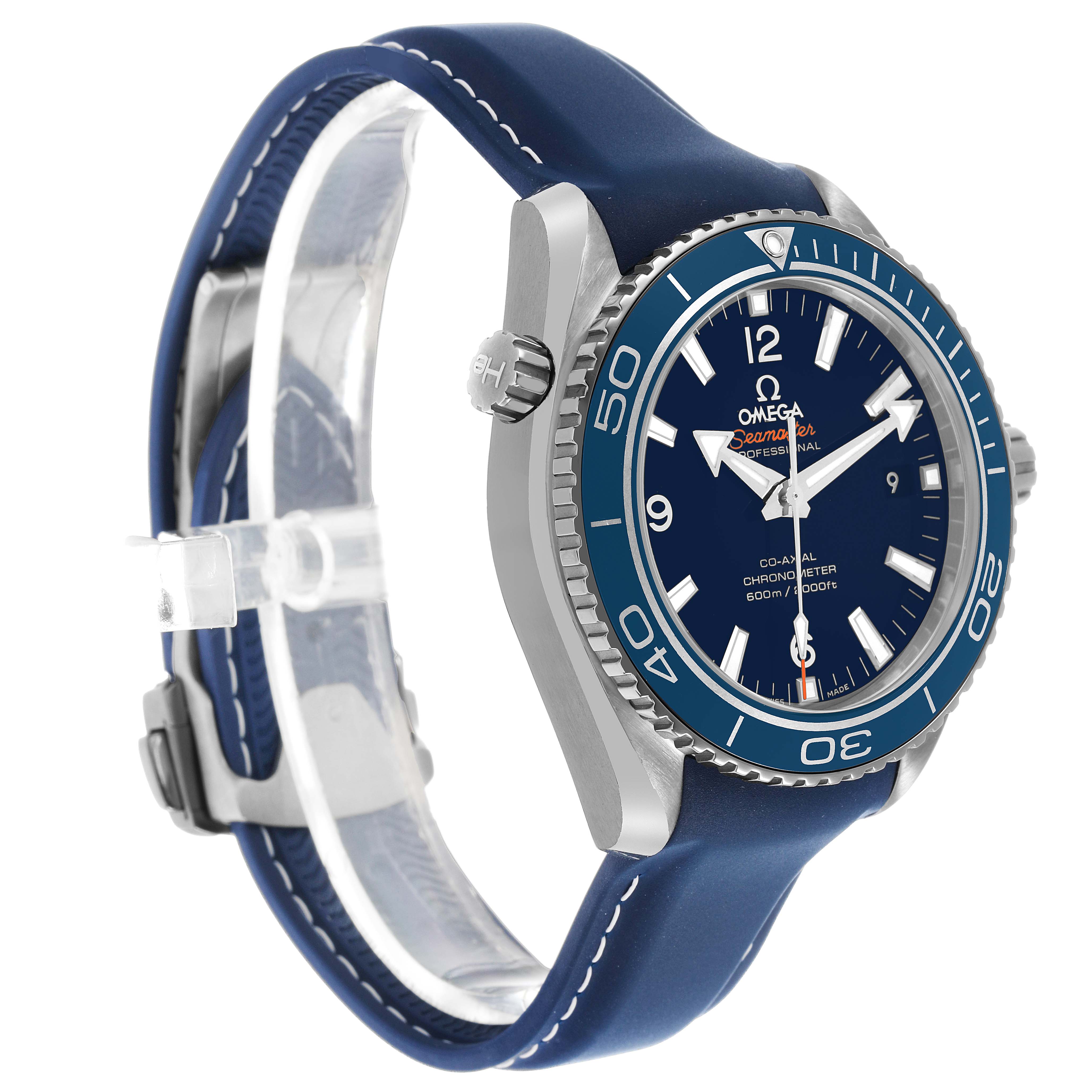 The Omega Planet Ocean 232.92.42.21.03.001 Men's Titanium Blue Dial watch is shown at a slight angle, highlighting its bezel, crown, and blue strap.