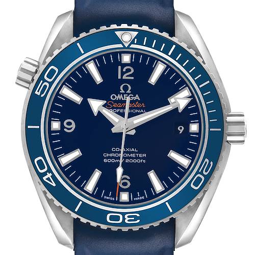 The Omega Planet Ocean 232.92.42.21.03.001 Men's Titanium Blue Dial watch is shown from the front, displaying its blue dial and bezel, and silver hands and markers.