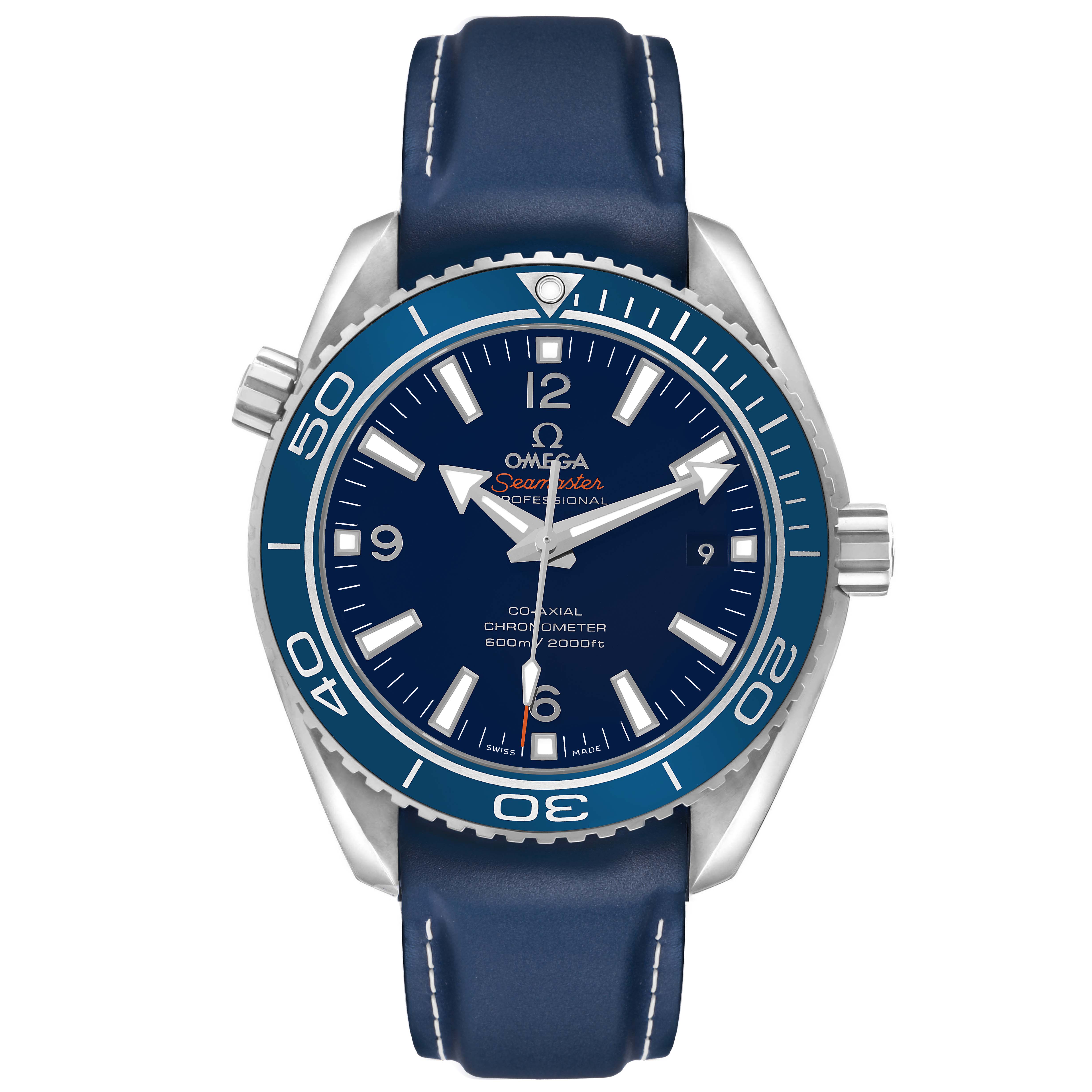The Omega Planet Ocean 232.92.42.21.03.001 Men's Titanium Blue Dial watch is shown from the front, displaying its blue dial, bezel, and leather strap.