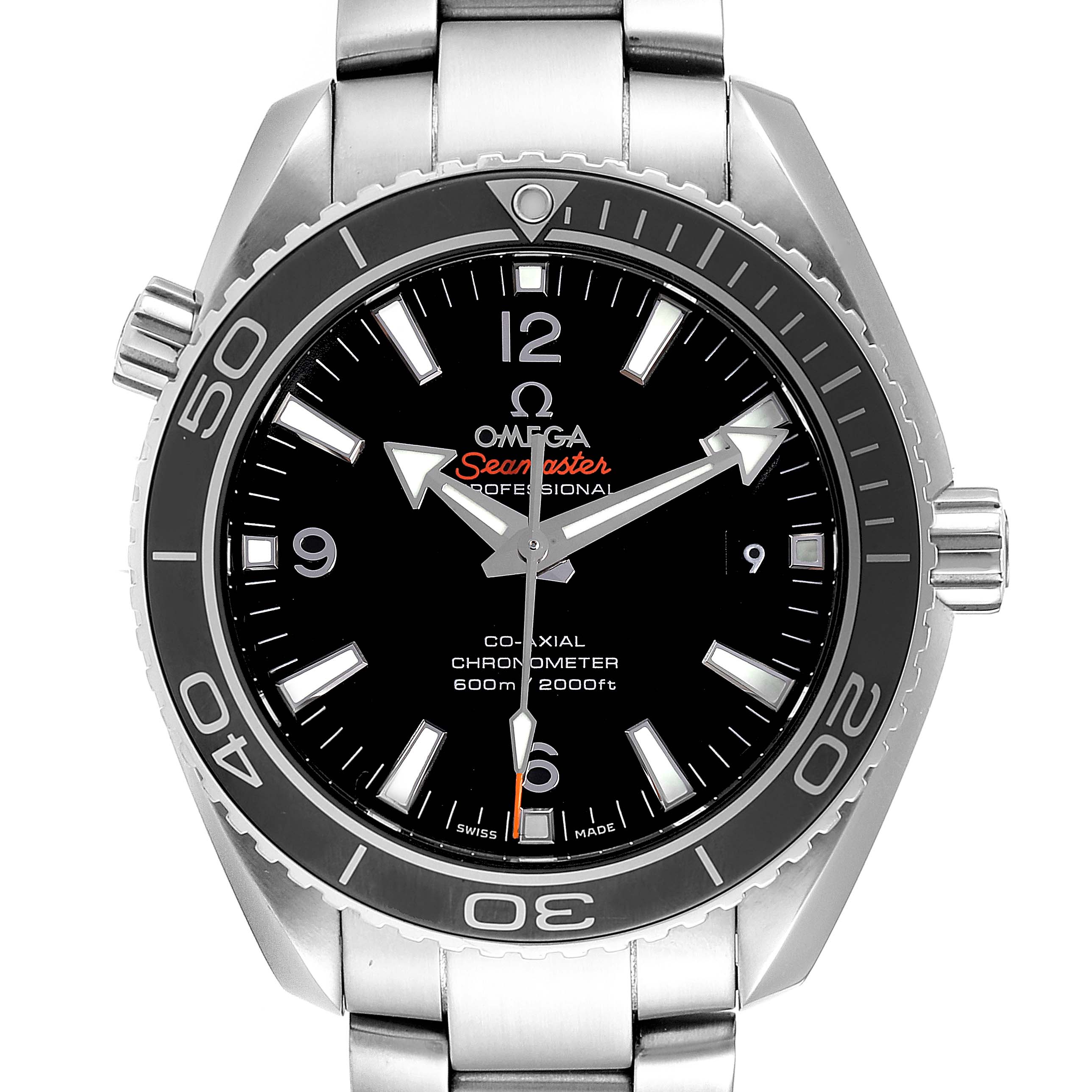 The image shows a front view of the Omega Planet Ocean 232.30.42.21.01.003 Men
s Stainless Steel Black Dial 232.30.42.21.01.003 Men
s Stainless Steel Black Dial Seamaster watch, including the bezel, dial, hands, and bracelet.