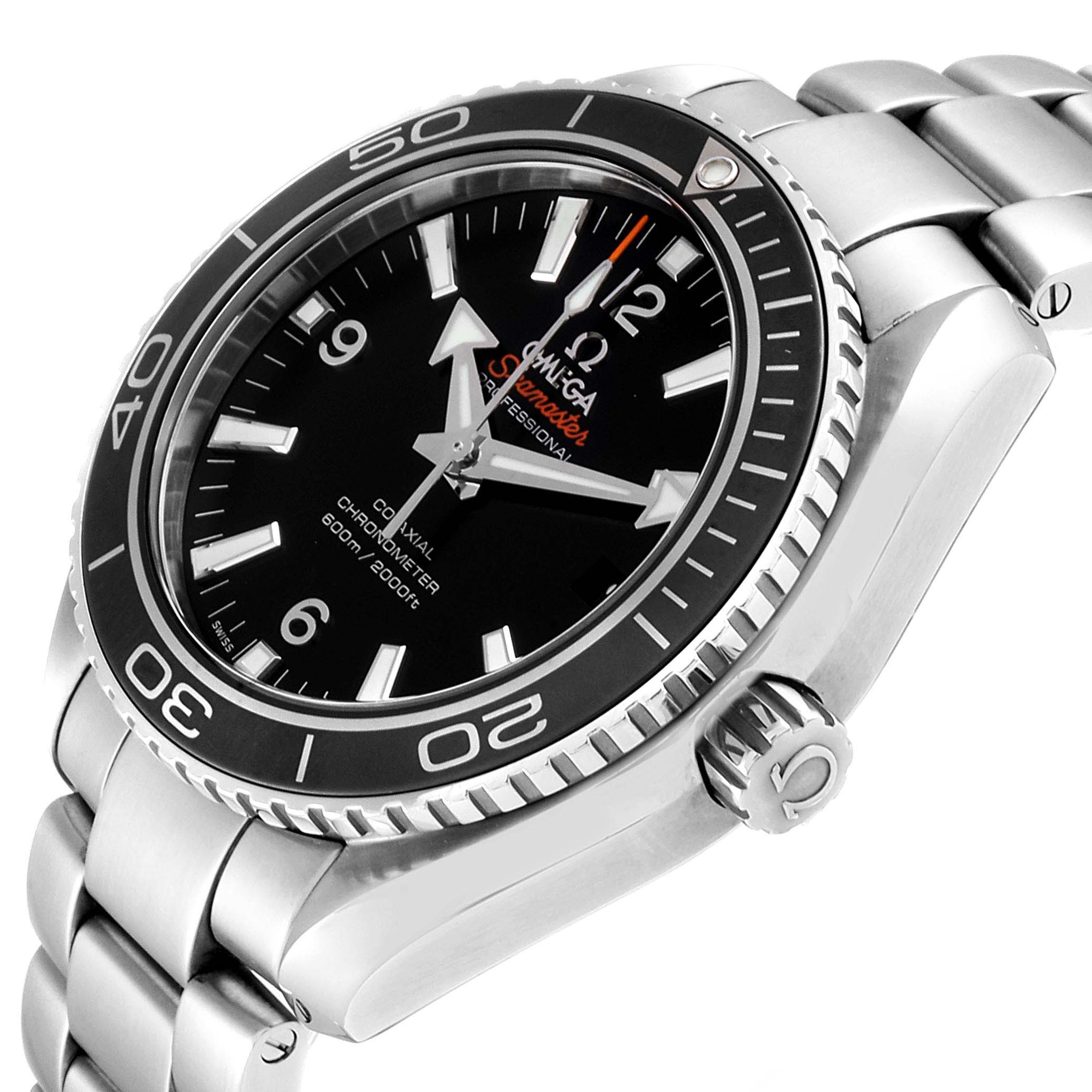 The image shows a close-up side angle of the Omega Planet Ocean 232.30.42.21.01.003 Men
s Stainless Steel Black Dial 232.30.42.21.01.003 Men
s Stainless Steel Black Dial watch, highlighting the bezel, dial, crown, and bracelet.