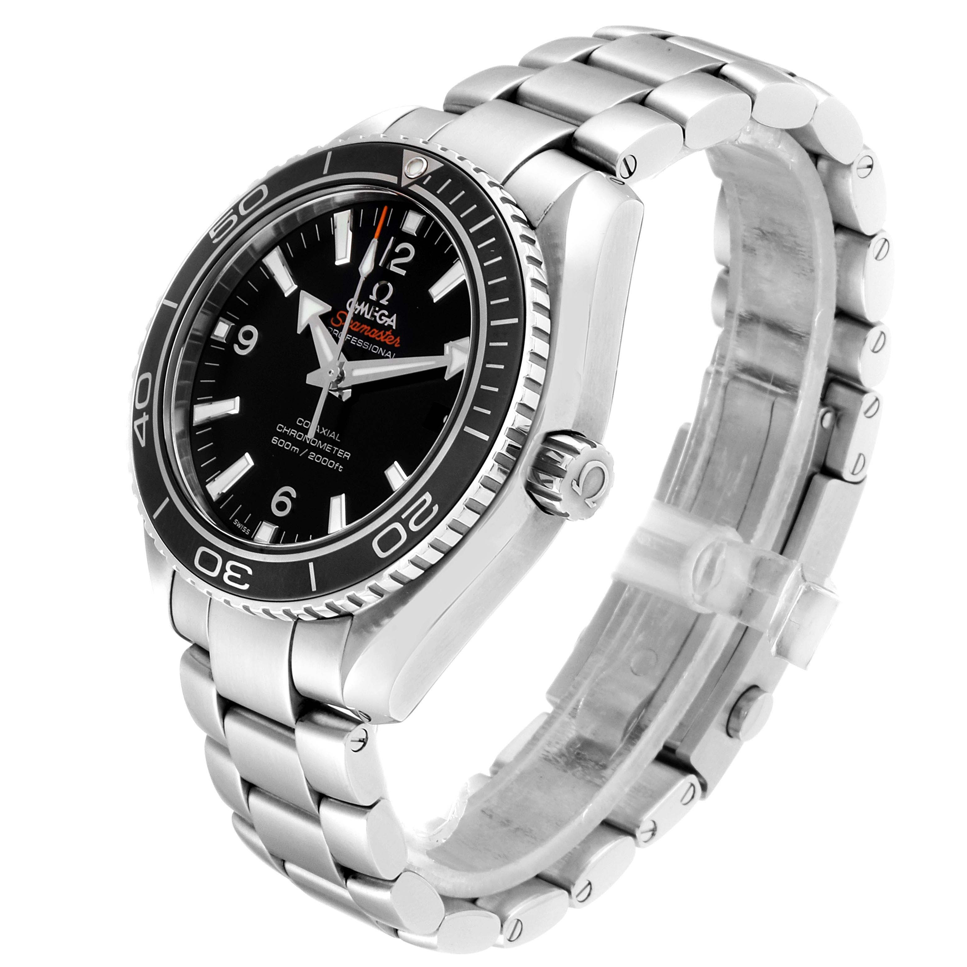 The Omega Planet Ocean 232.30.42.21.01.003 Men
s Stainless Steel Black Dial 232.30.42.21.01.003 Men
s Stainless Steel Black Dial watch is shown at an angled side view, highlighting its dial, bezel, and stainless steel bracelet.