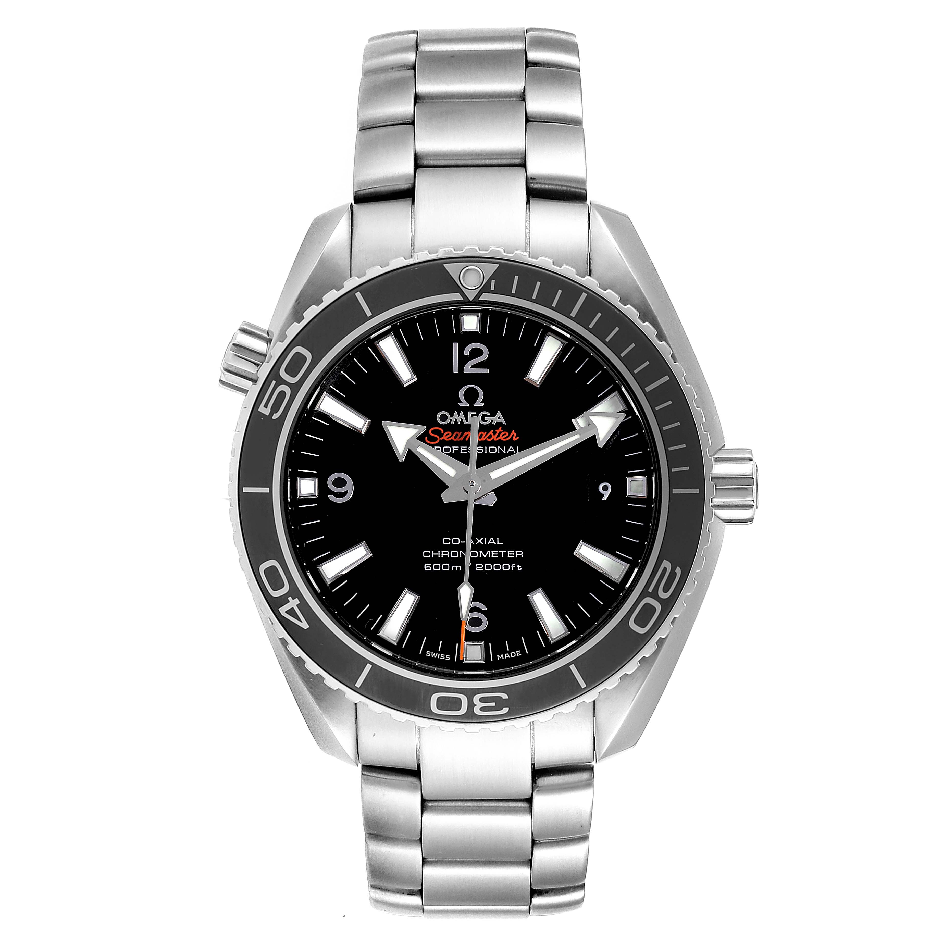 The image shows a front view of an Omega Planet Ocean 232.30.42.21.01.003 Men
s Stainless Steel Black Dial 232.30.42.21.01.003 Men
s Stainless Steel Black Dial model watch, displaying the face, bezel, crown, and bracelet.