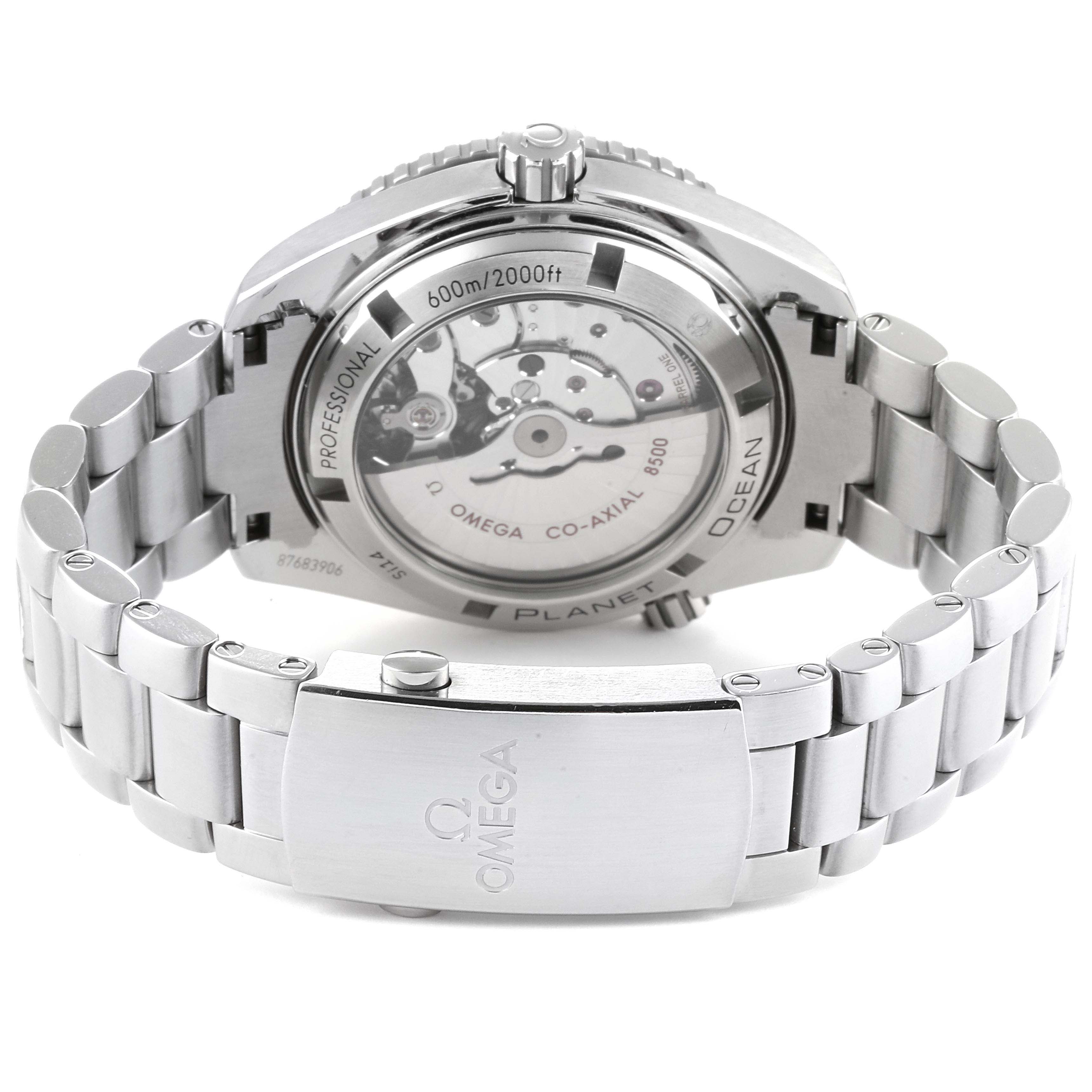 The image shows the back view of the Omega Planet Ocean 232.30.42.21.01.003 Men
s Stainless Steel Black Dial 232.30.42.21.01.003 Men
s Stainless Steel Black Dial watch, highlighting the case back and bracelet.