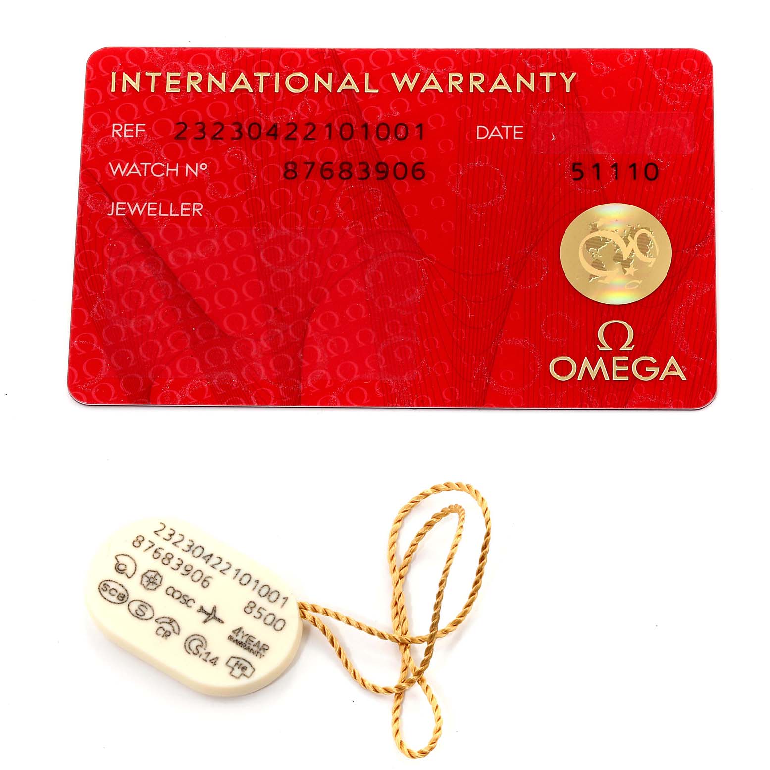 The image shows an International Warranty card and a tag for the Omega Planet Ocean 232.30.42.21.01.003 Men
s Stainless Steel Black Dial 232.30.42.21.01.003 Men
s Stainless Steel Black Dial watch model.