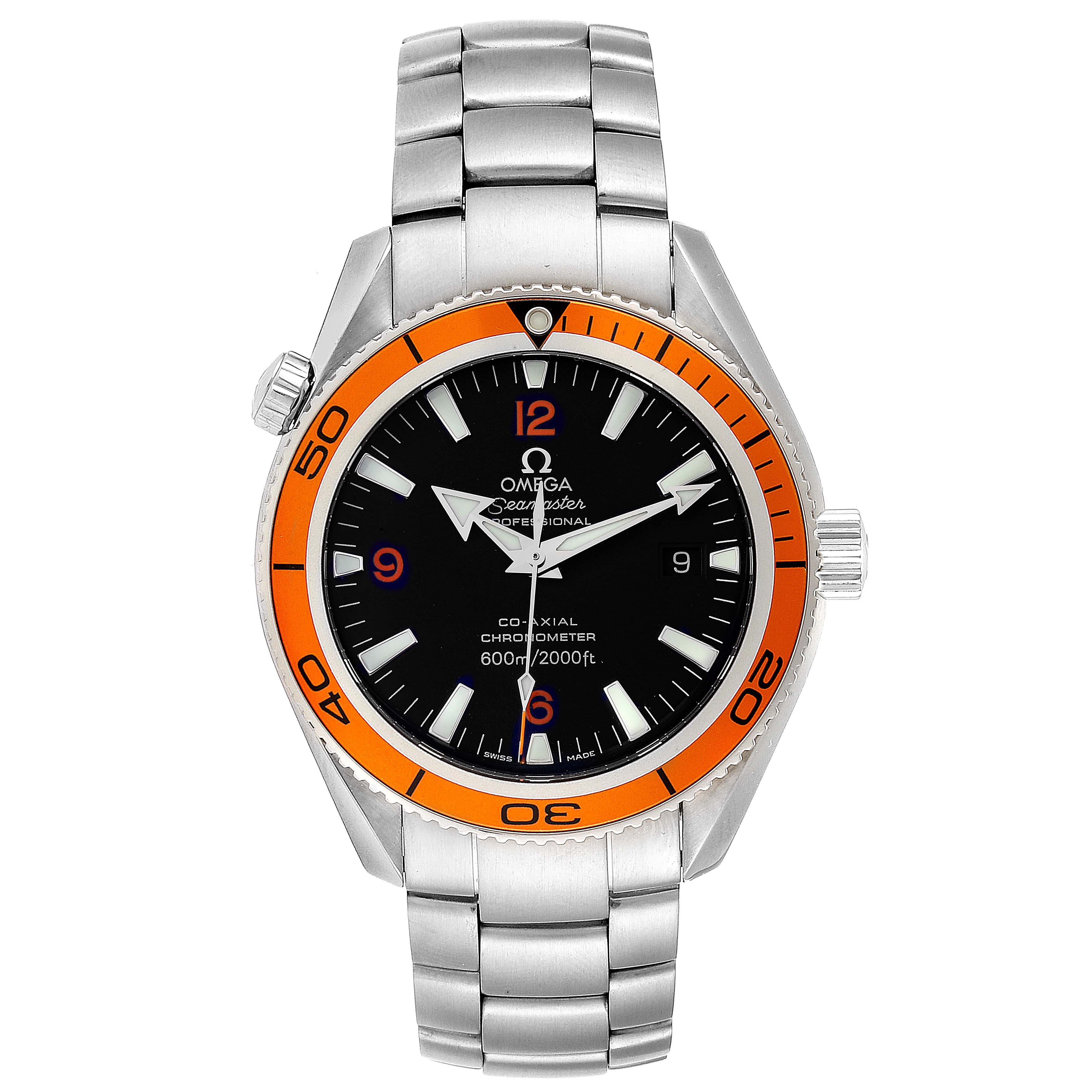This image shows a front view of the Omega Planet Ocean 2209.50.00 Men
s Stainless Steel Black Dial 2209.50.00 Men
s Stainless Steel Black Dial watch with an orange bezel and stainless steel bracelet.