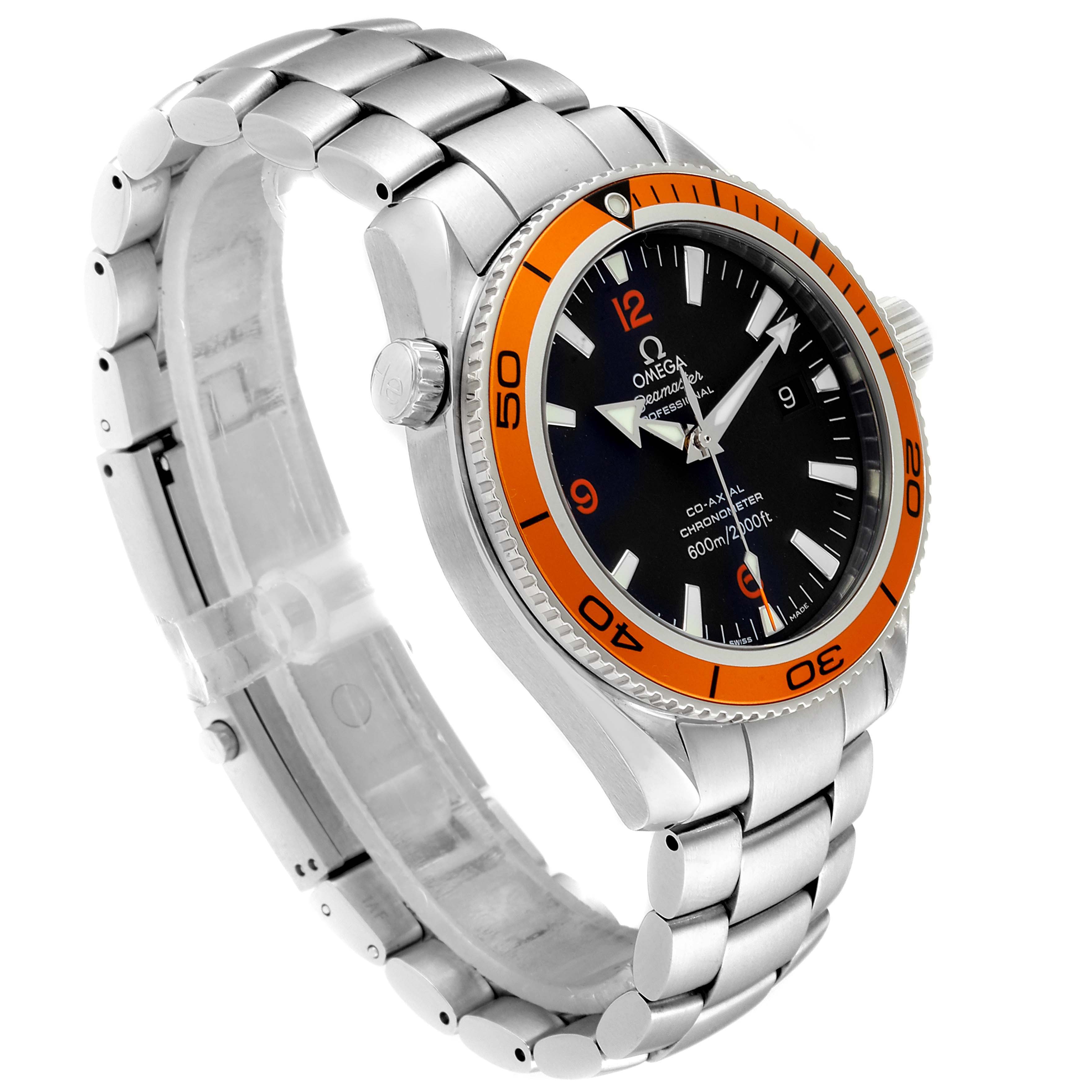 The image shows an Omega Planet Ocean 2209.50.00 Men
s Stainless Steel Black Dial 2209.50.00 Men
s Stainless Steel Black Dial watch at a three-quarters angle, highlighting the face, bezel, crown, and metal bracelet.