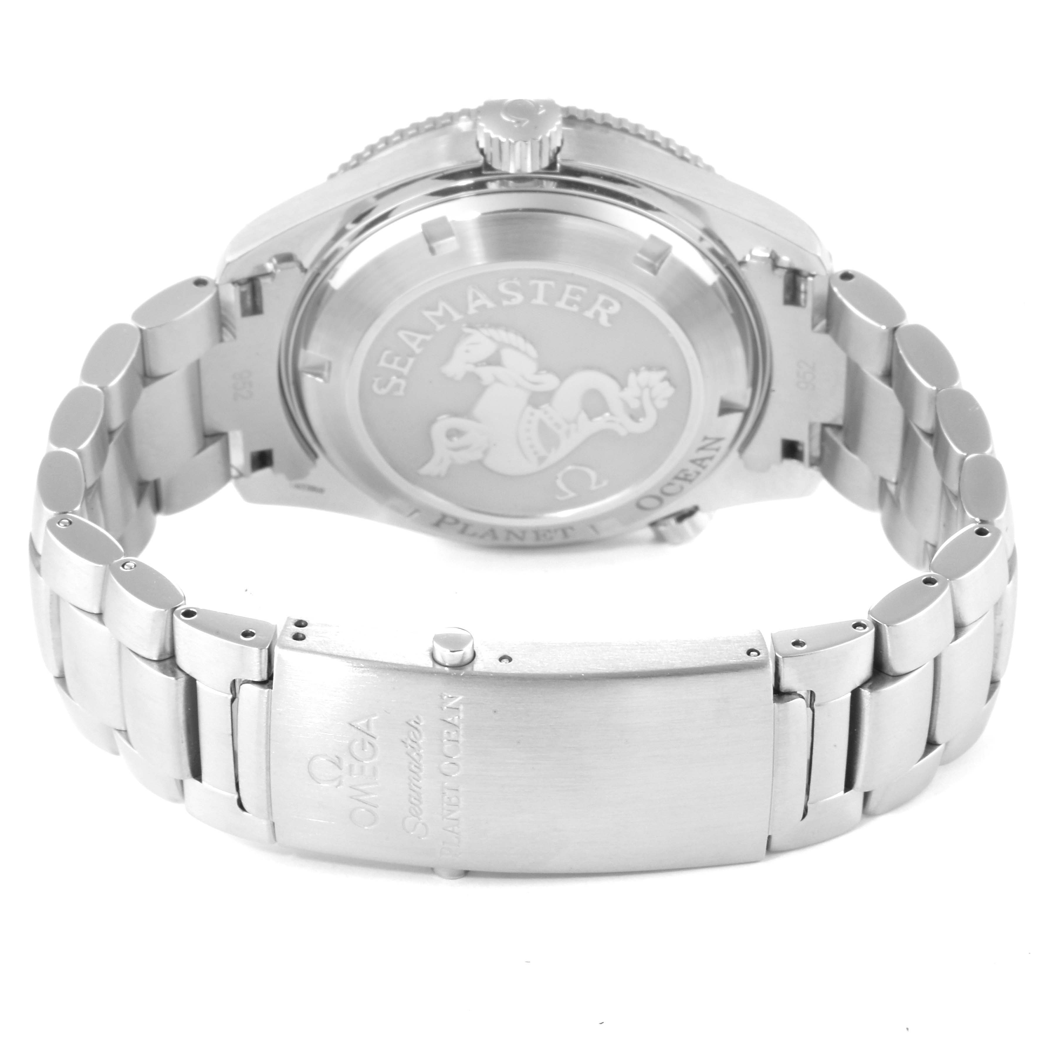 The image shows the back and bracelet clasp of the Omega Planet Ocean 2209.50.00 Men
s Stainless Steel Black Dial 2209.50.00 Men
s Stainless Steel Black Dial watch, highlighting the engraved case back and stainless steel band.