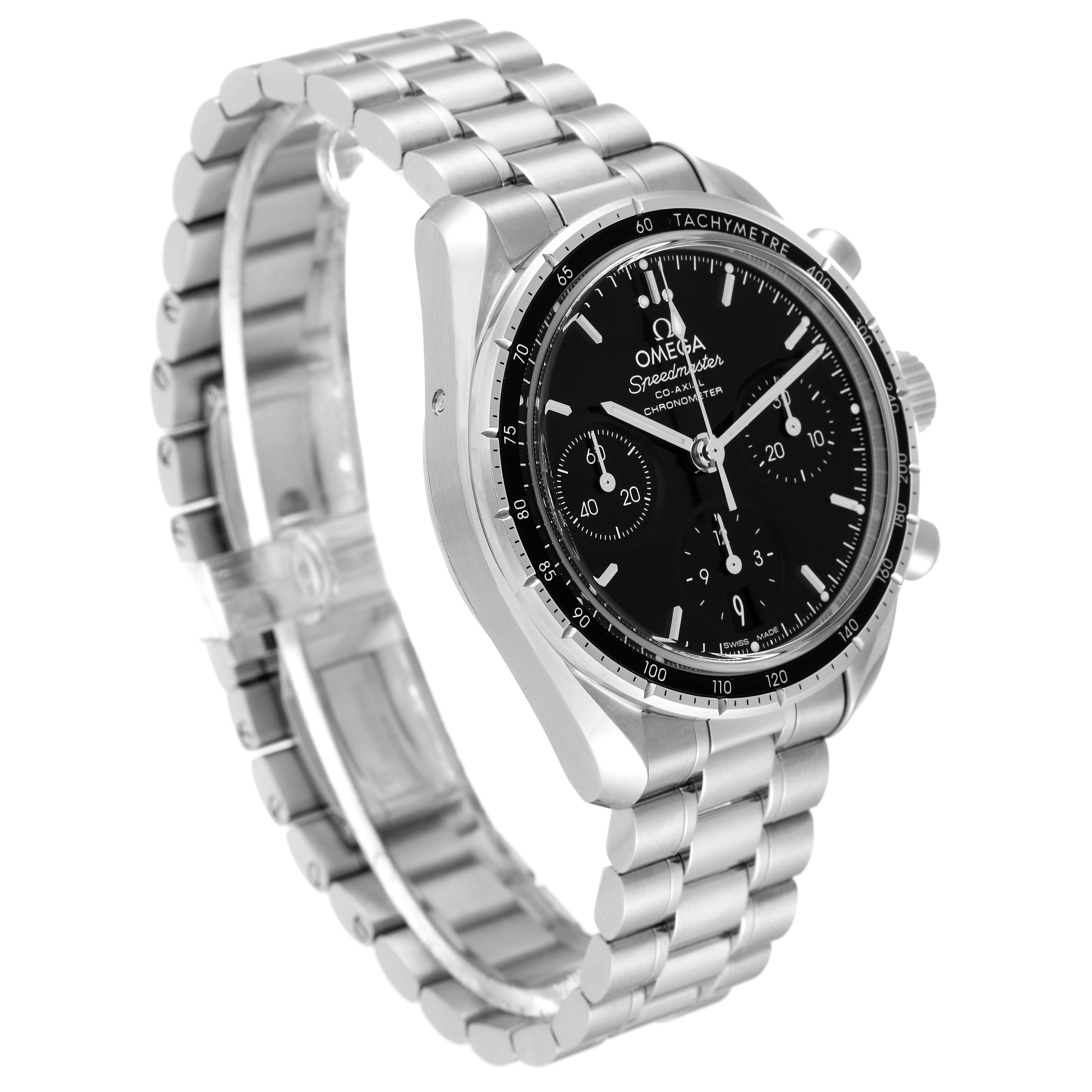 This image shows an angled side view of the Omega Speedmaster 324.30.38.50.01.001 Men's Stainless Steel Black Dial 324.30.38.50.01.001 Men's Stainless Steel Black Dial watch, highlighting the face, bezel, pushers, and metal bracelet.