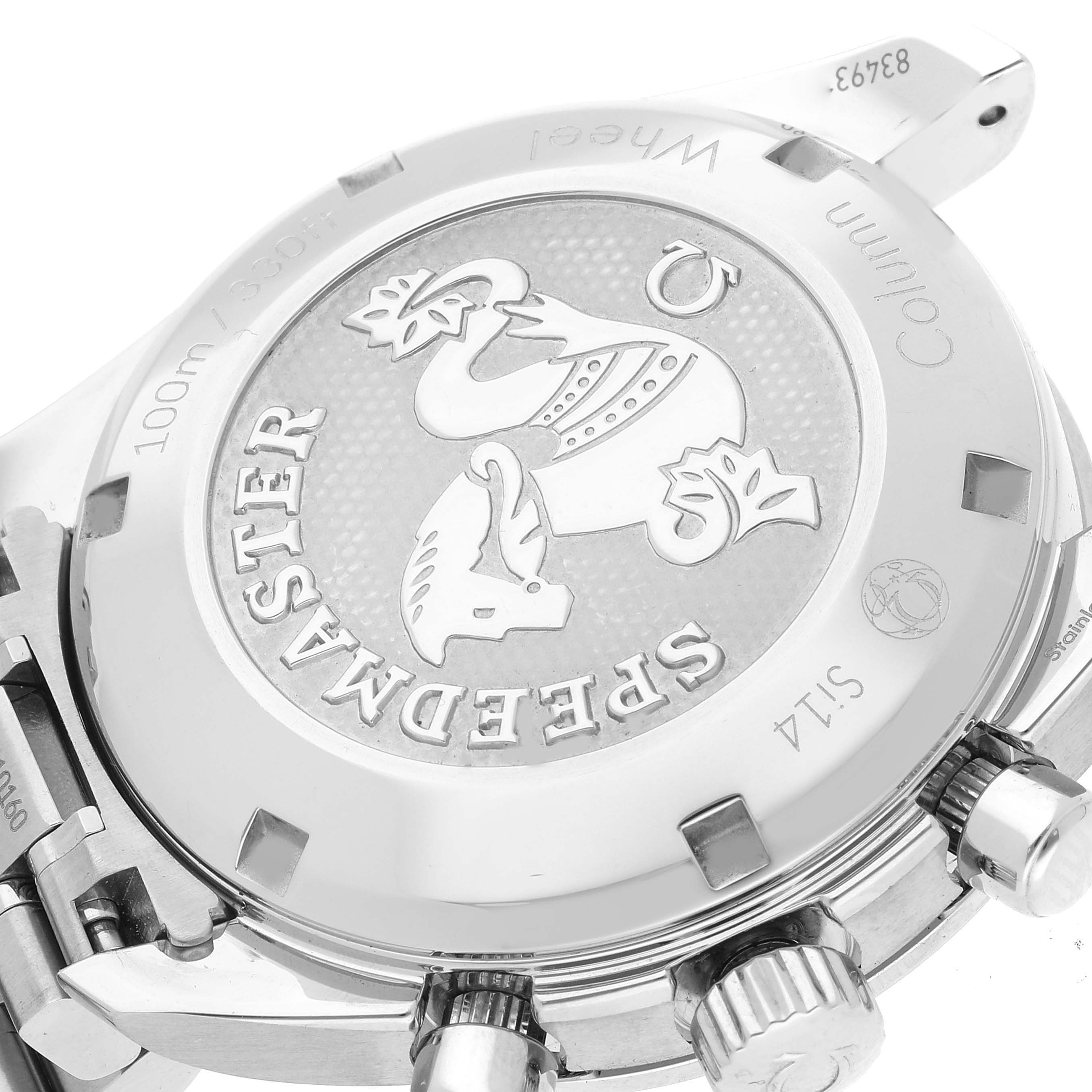 The image shows the case back and part of the clasp of an Omega Speedmaster 324.30.38.50.01.001 Men's Stainless Steel Black Dial 324.30.38.50.01.001 Men's Stainless Steel Black Dial watch from an angled close-up view.